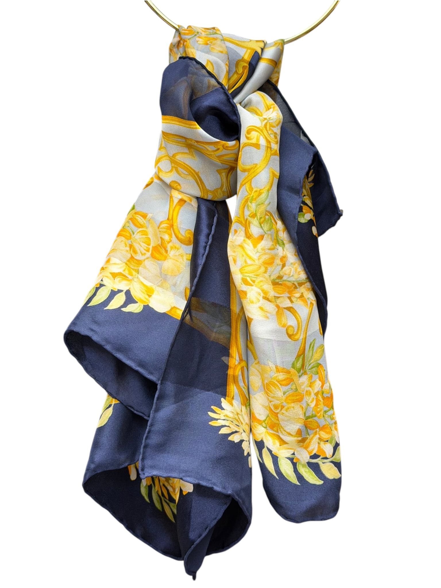 Christian Dior Dark Blue Borders Architectural Scroll Silk Scarf