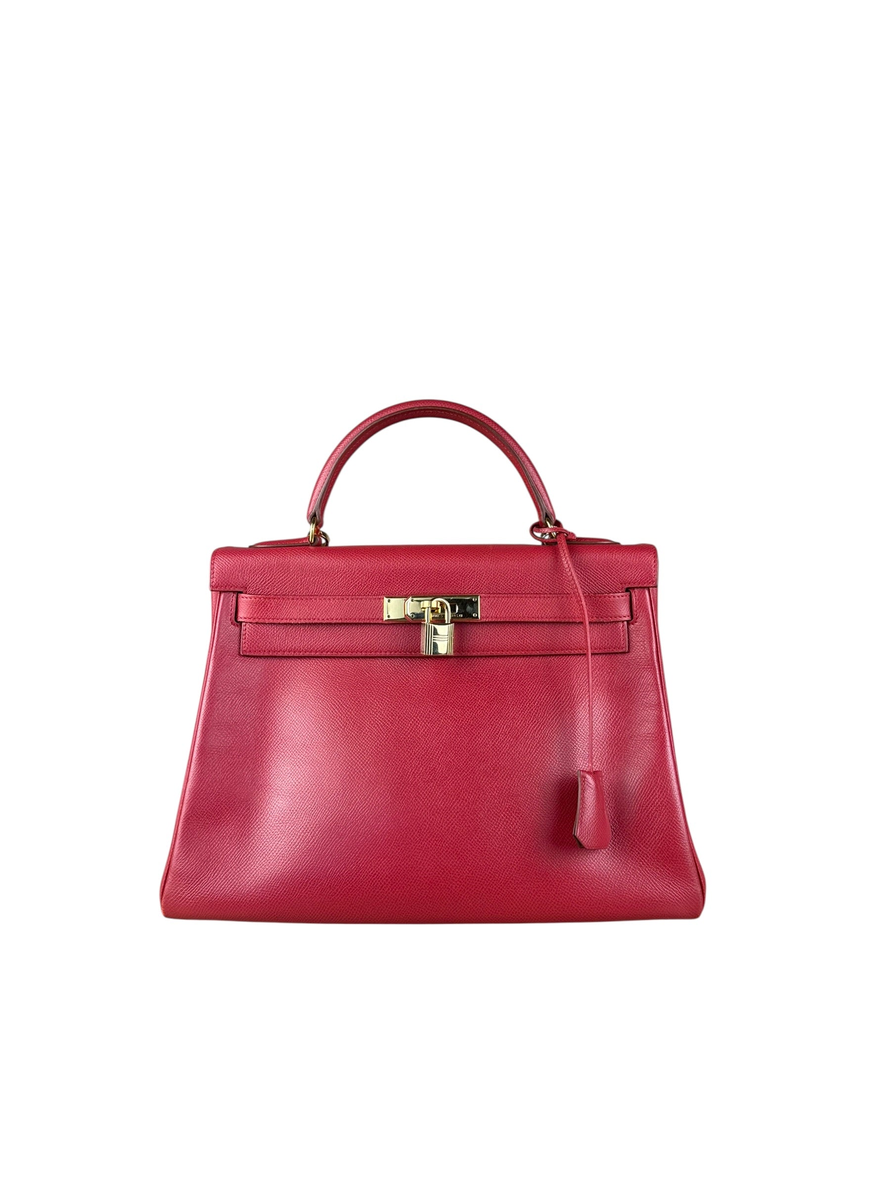 Hermes Kelly 32 Courchevel Rouge Vif Gold Handbag 1997