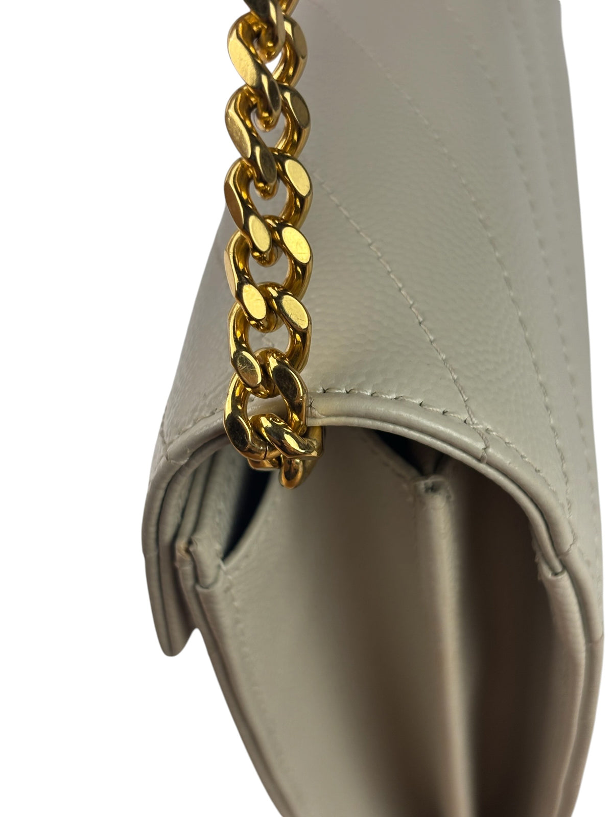 YSL Cream Pebbled Leather Cassandre Envelope Small Wallet On Chain
