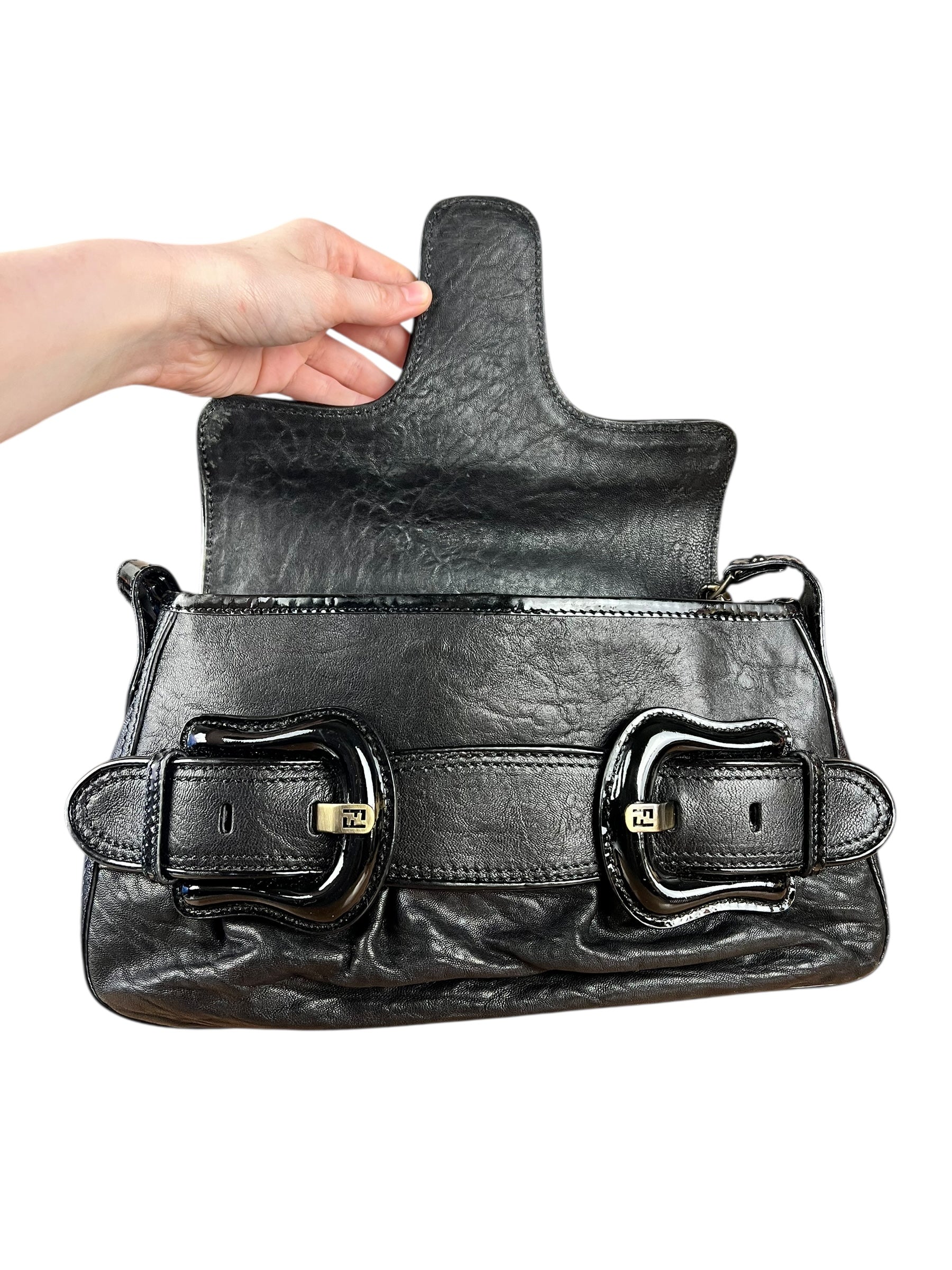Fendi Black Patent Buckle Leather Shoulder Bag