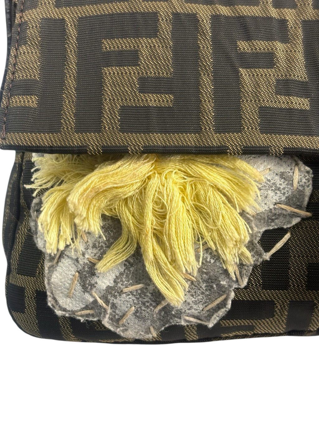 Fendi Brown Leather Trim Zucca Floral Embroidered Baguette
