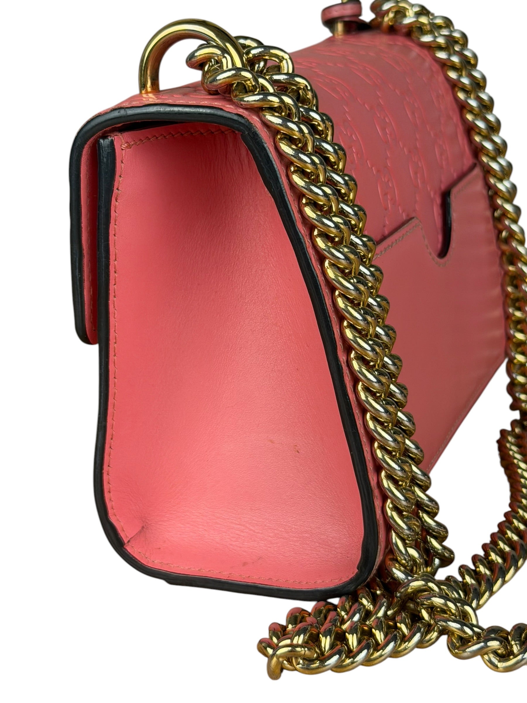 Gucci GG Pink Embossed Leather Small Padlock Chain Bag