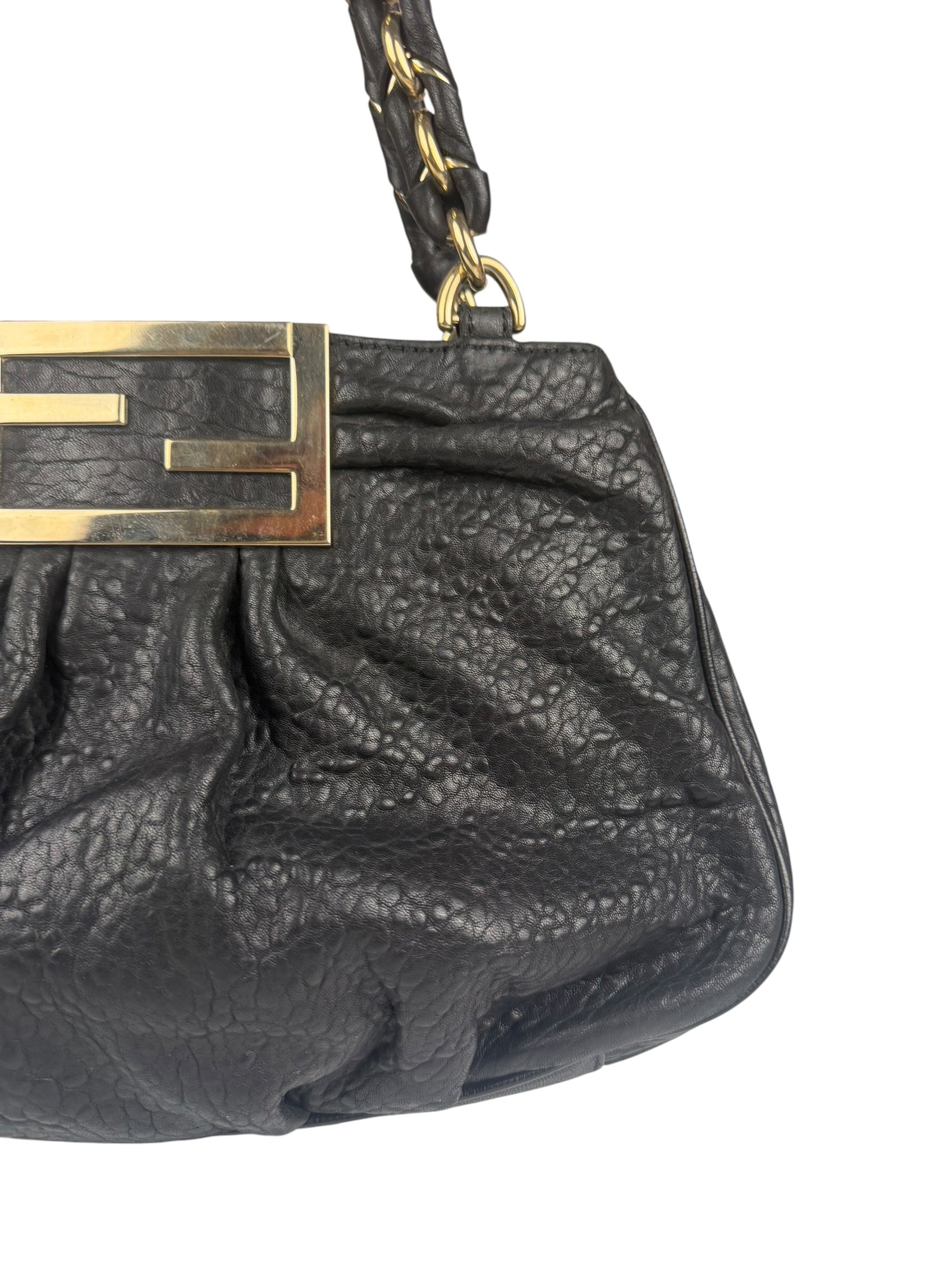 Fendi Black Leather Mia Chain Hobo Bag