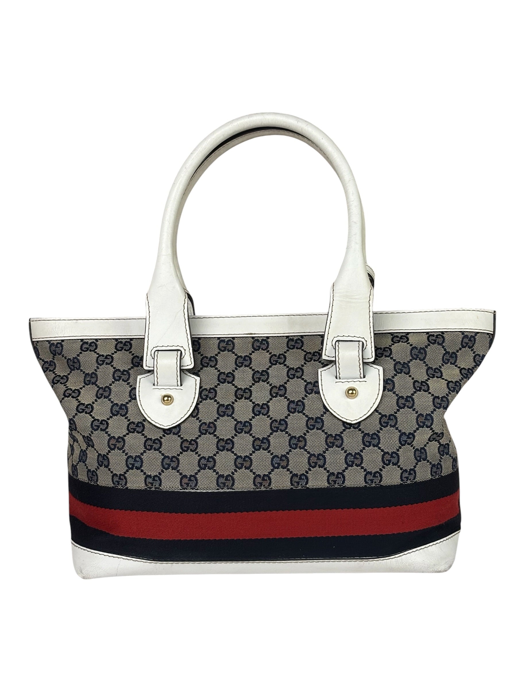 Gucci Navy Leather Trim GG Sherry Line Heritage Shoulder Bag