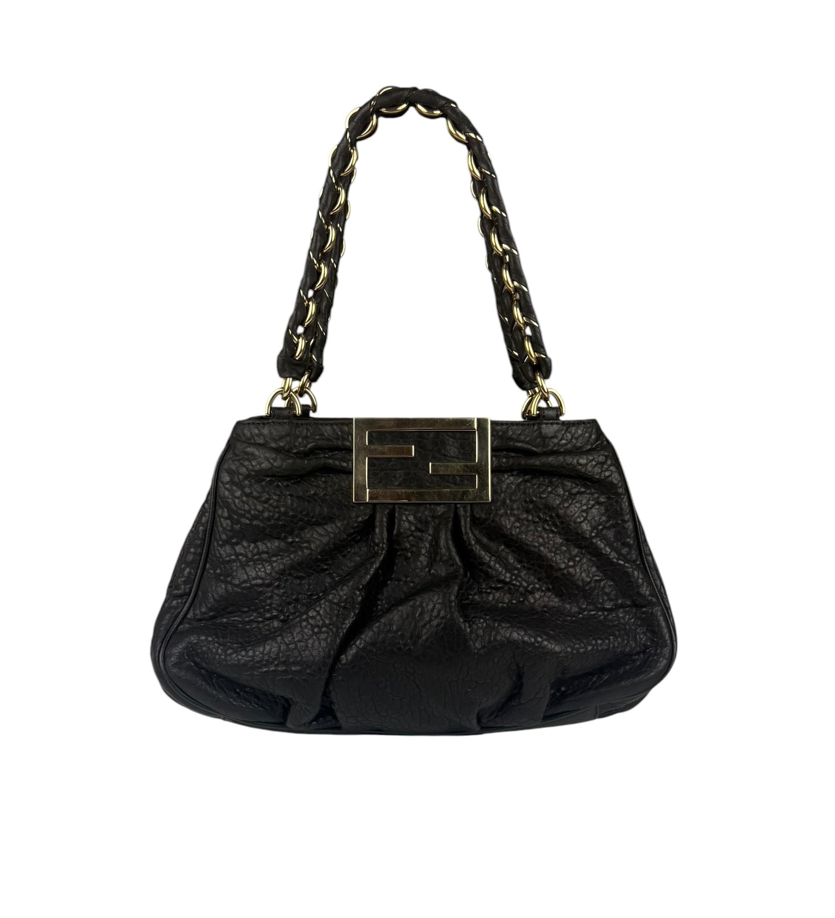 Fendi Black Leather Mia Chain Hobo Bag