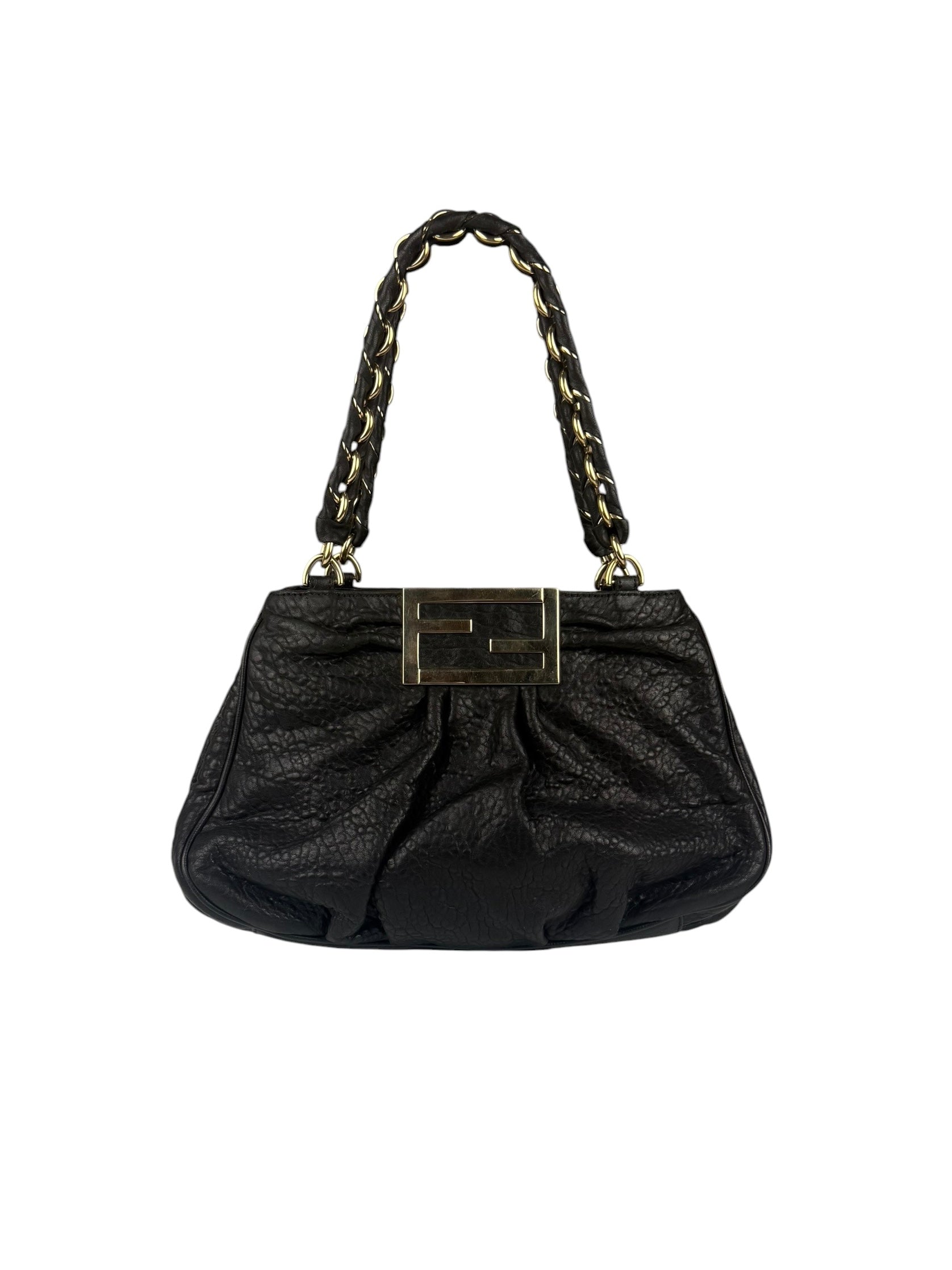 Fendi Black Leather Mia Chain Hobo Bag