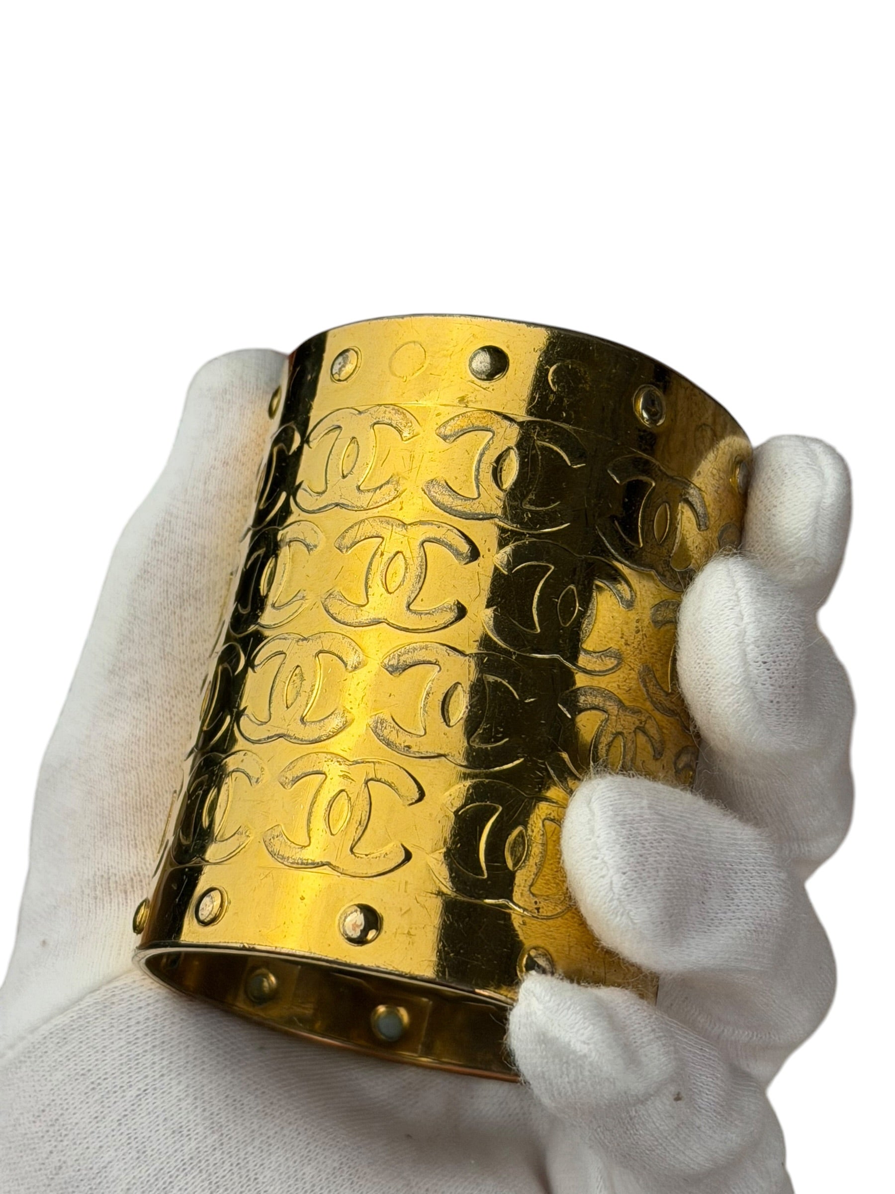 Chanel Vintage Gold CC Print Cuff Bracelet