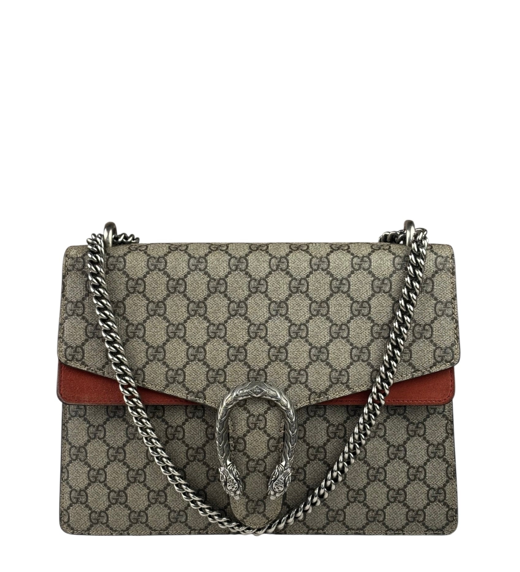 Gucci Beige/Red Leather/Suede Trim GG Supreme Dionysus Shoulder Bag