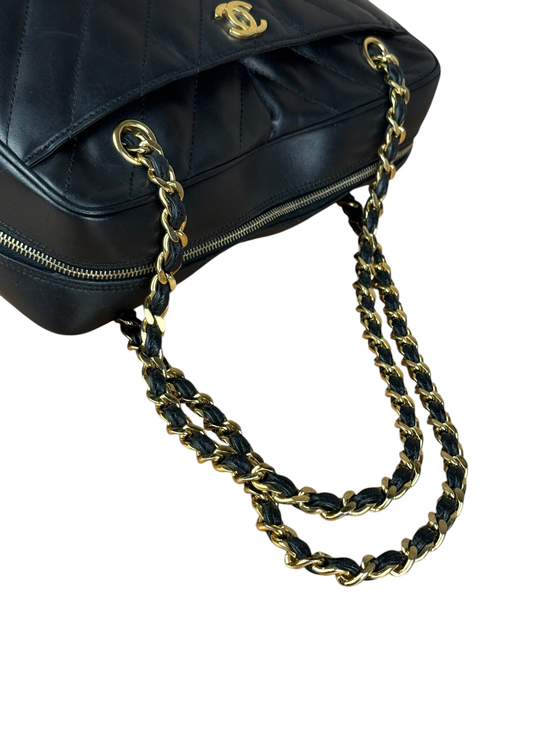 Chanel Black Chevron Leather Chain Camera Shoulder Bag 2000-2002