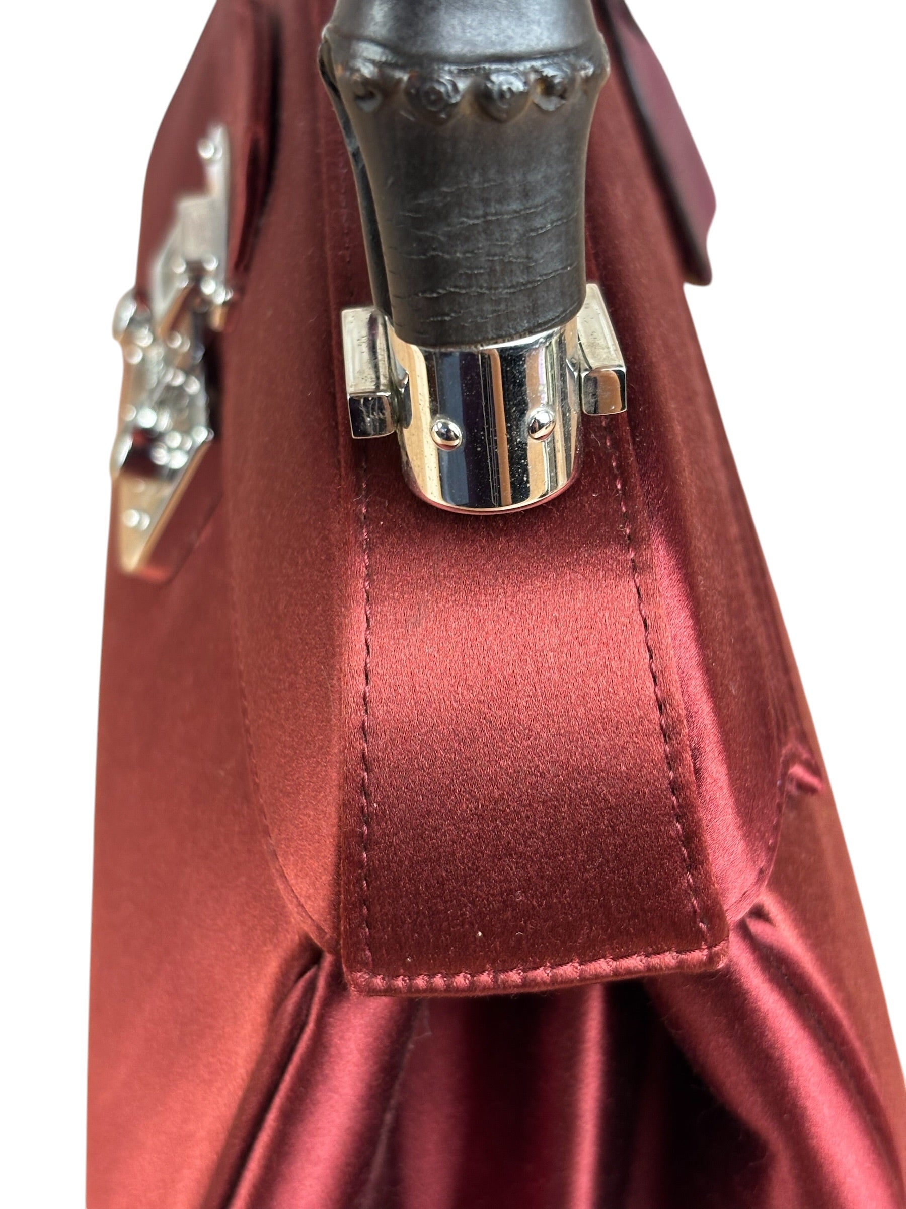 Gucci Burgundy Satin Bamboo Top Handle Bag