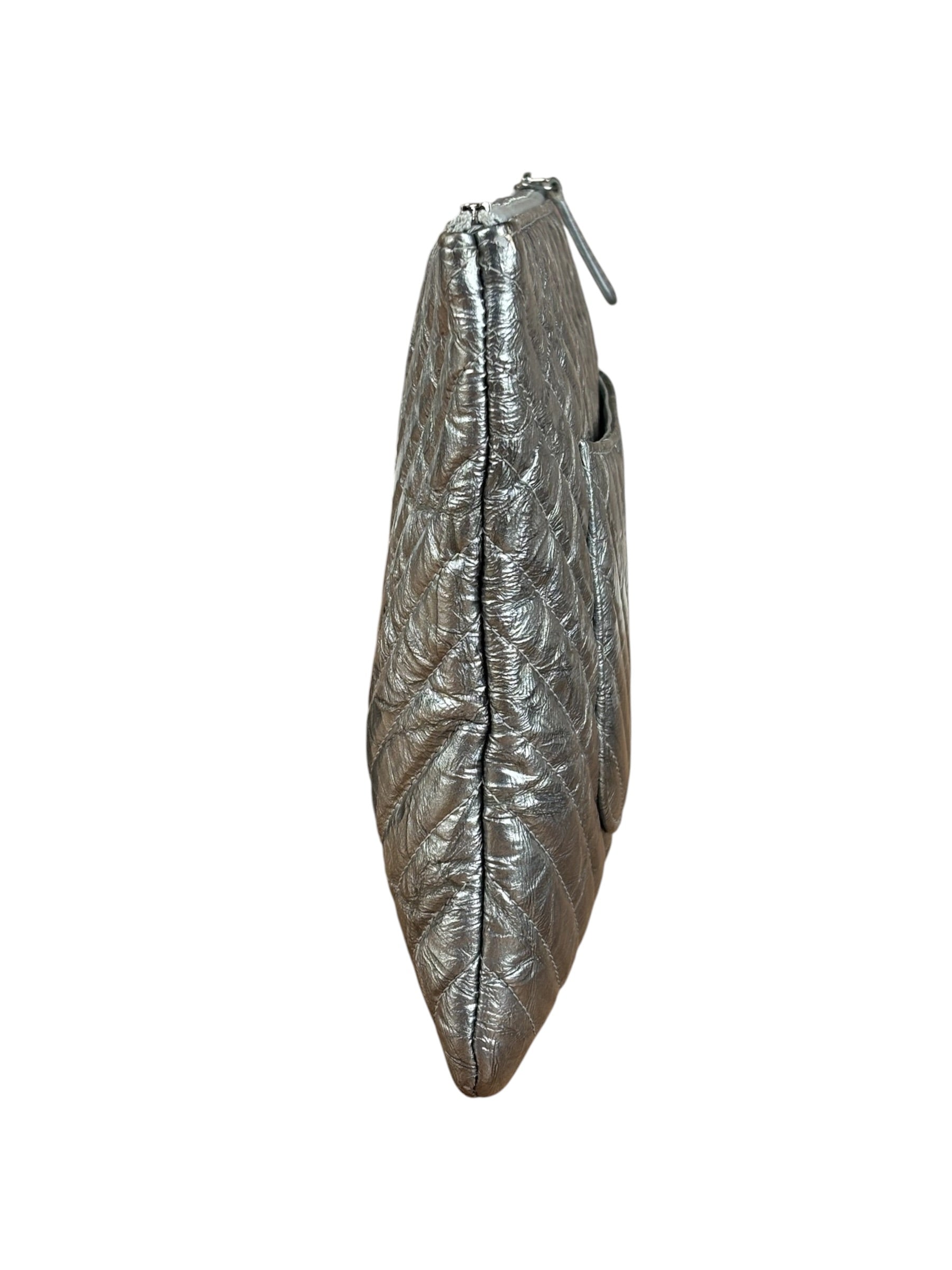 Chanel Chevron Aged Metallic Silver Patent Leather O-Case Clutch 1992