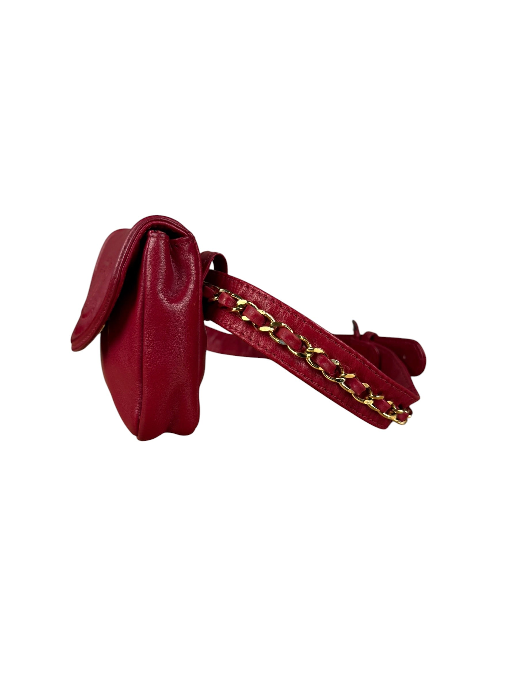 Chanel Vintage Red CC Leather Chain Belt Bag 90s