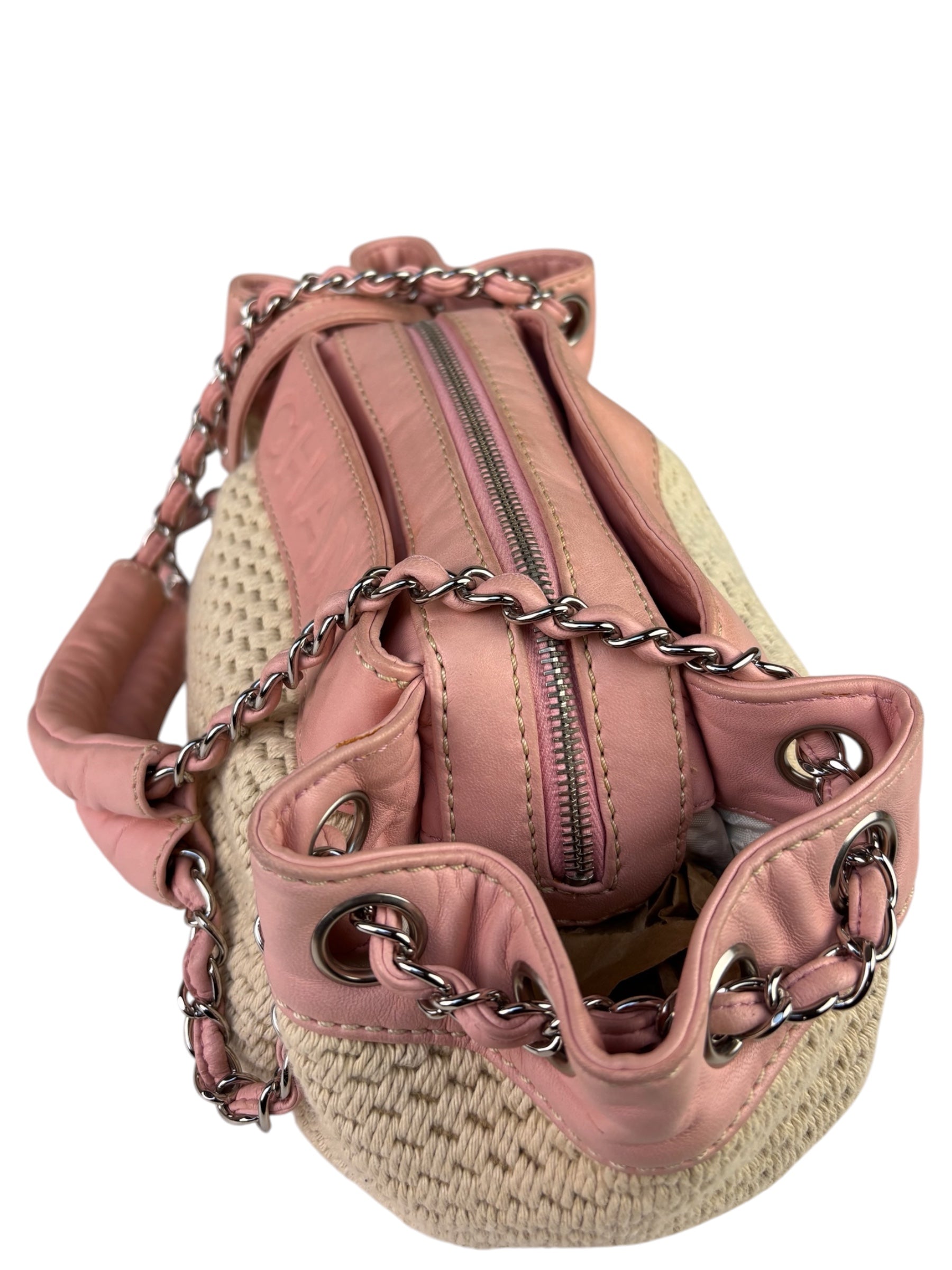 Chanel Pink Lambskin Trim Woven Lax Accordion Shoulder Bag 1997