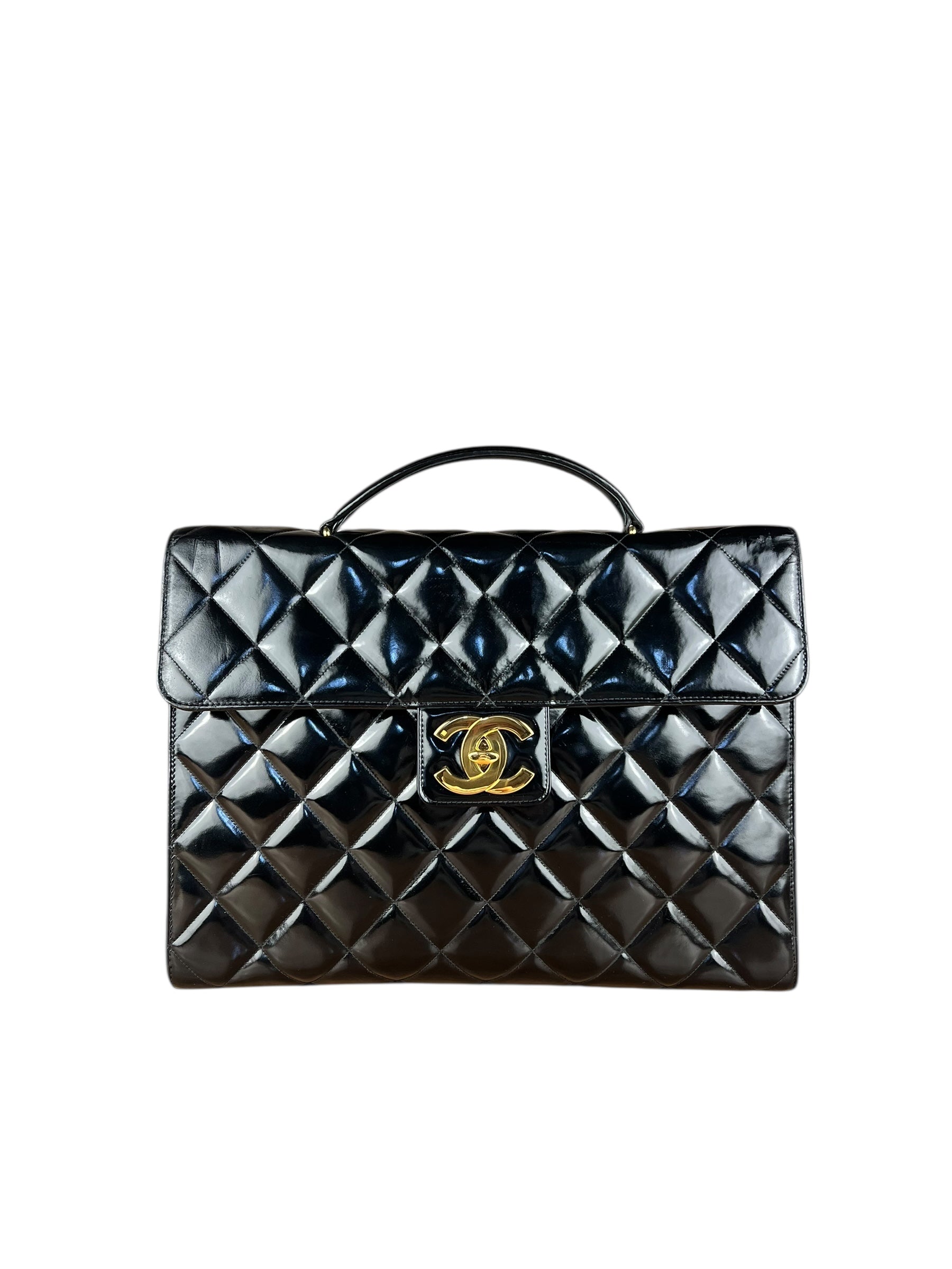 Chanel CC Black Patent Quilted Flap Briefcase Handbag '95