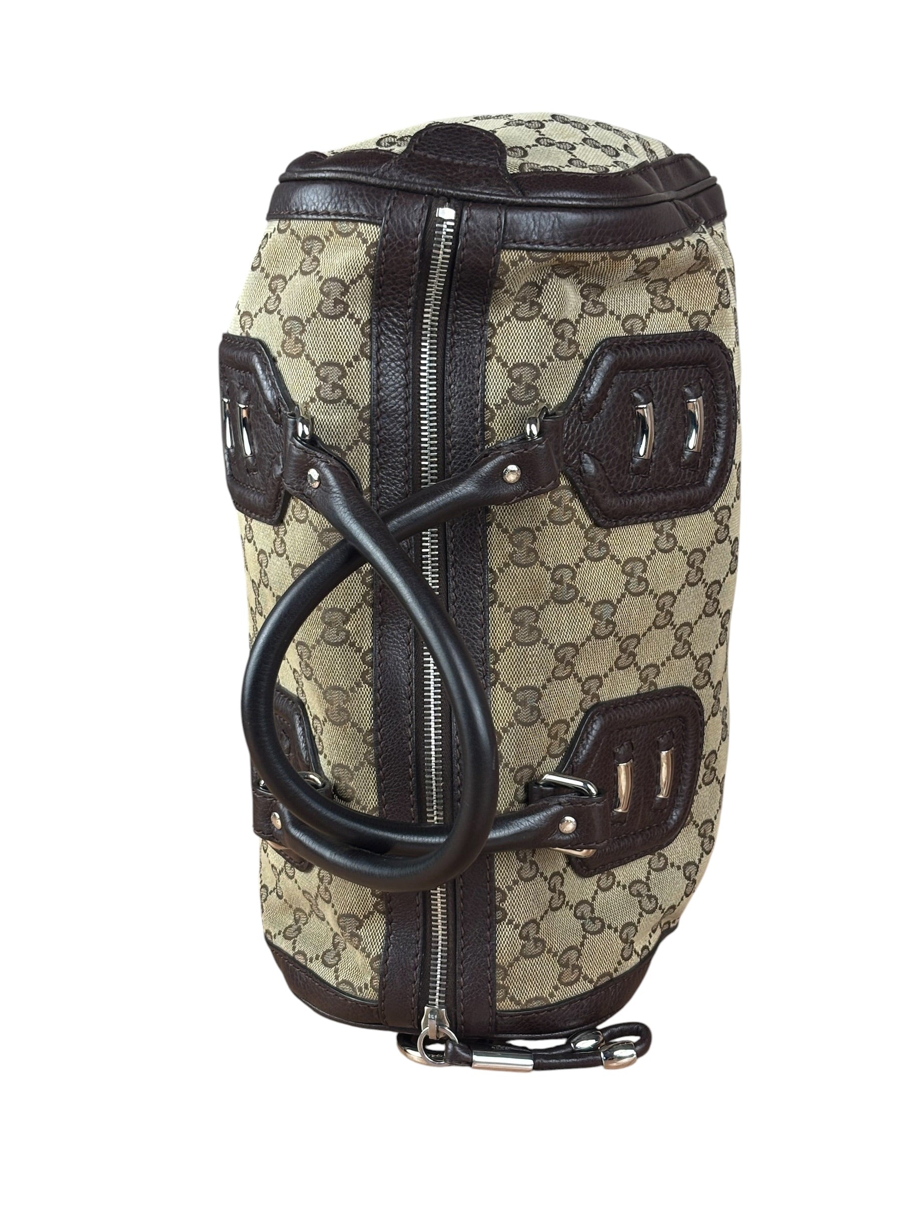 Gucci GG Leather Trim Canvas Techno Boston Handbag