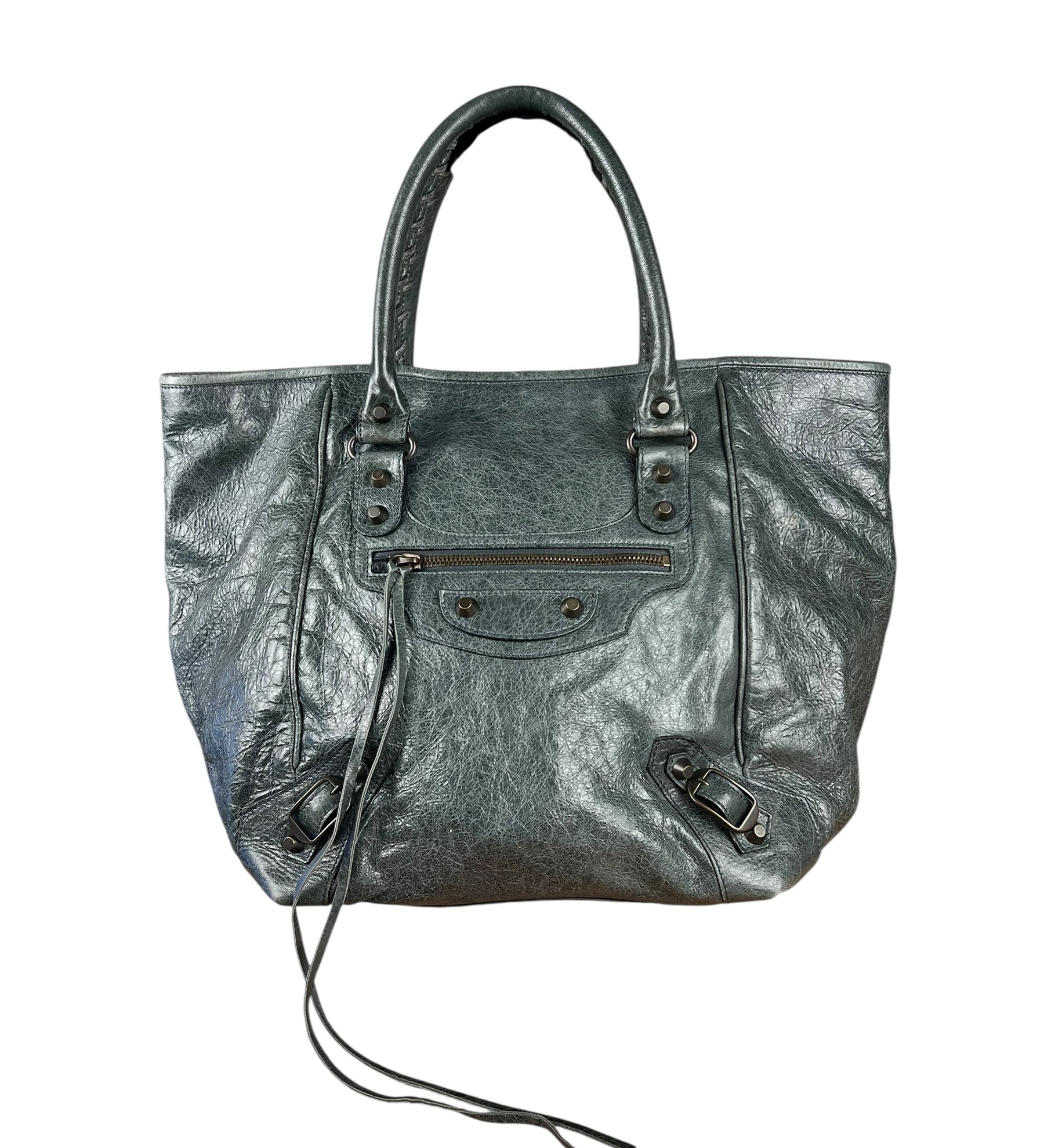 Balenciaga Leather Motocross Muted Teal Sunday Tote