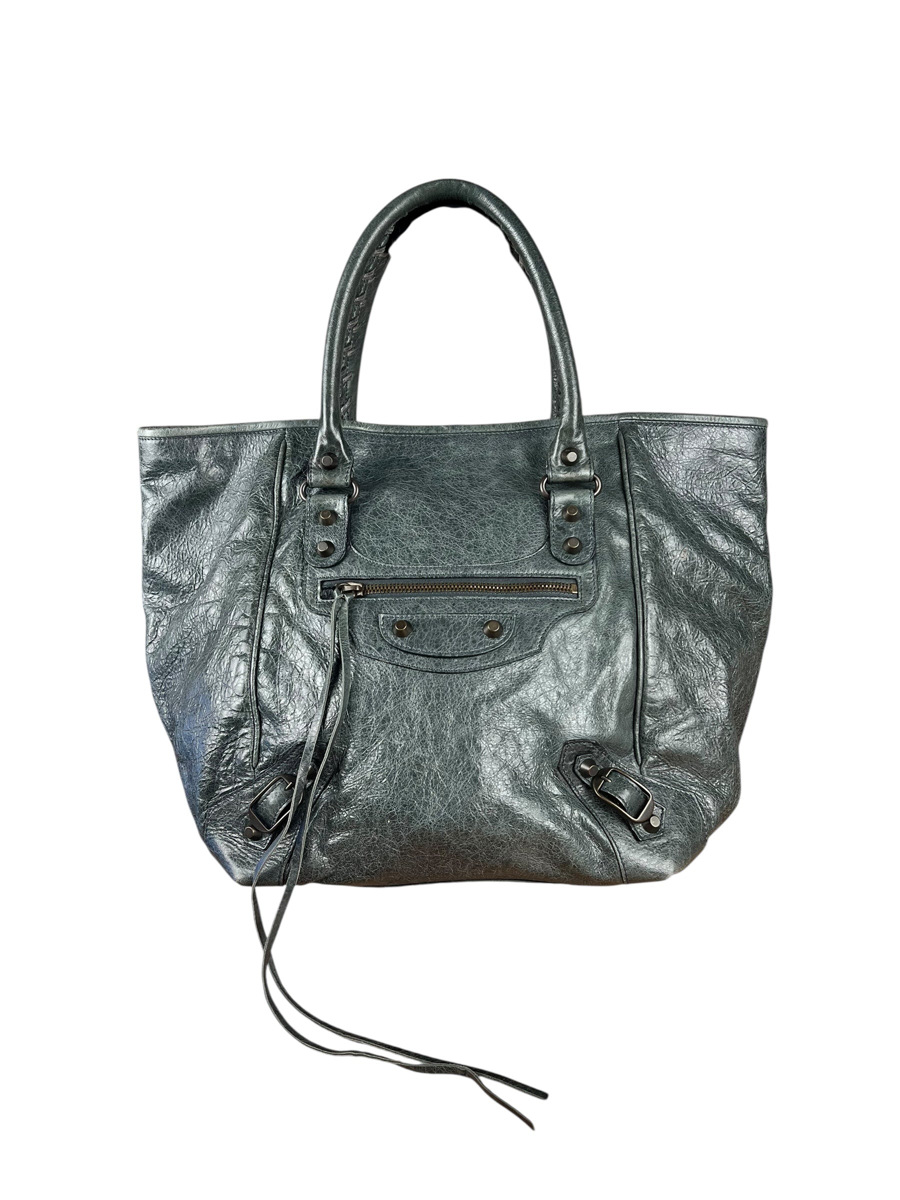Balenciaga Leather Motocross Muted Teal Sunday Tote