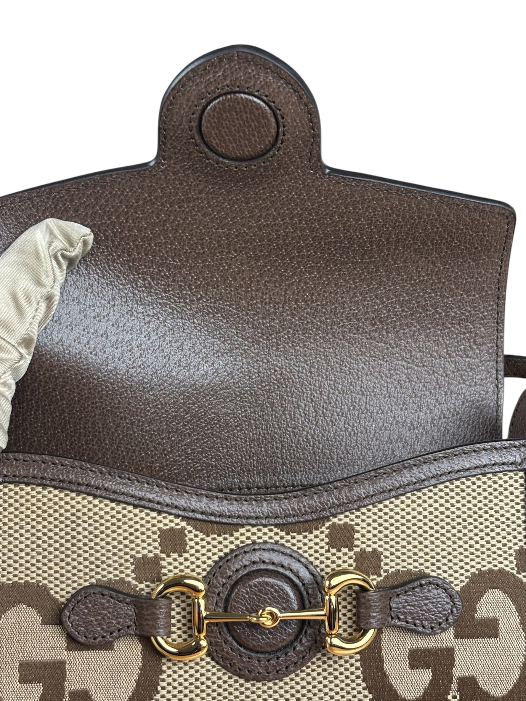 Gucci Brown Leather Trim Monogram Jumbo GG Mini Shoulder Bag