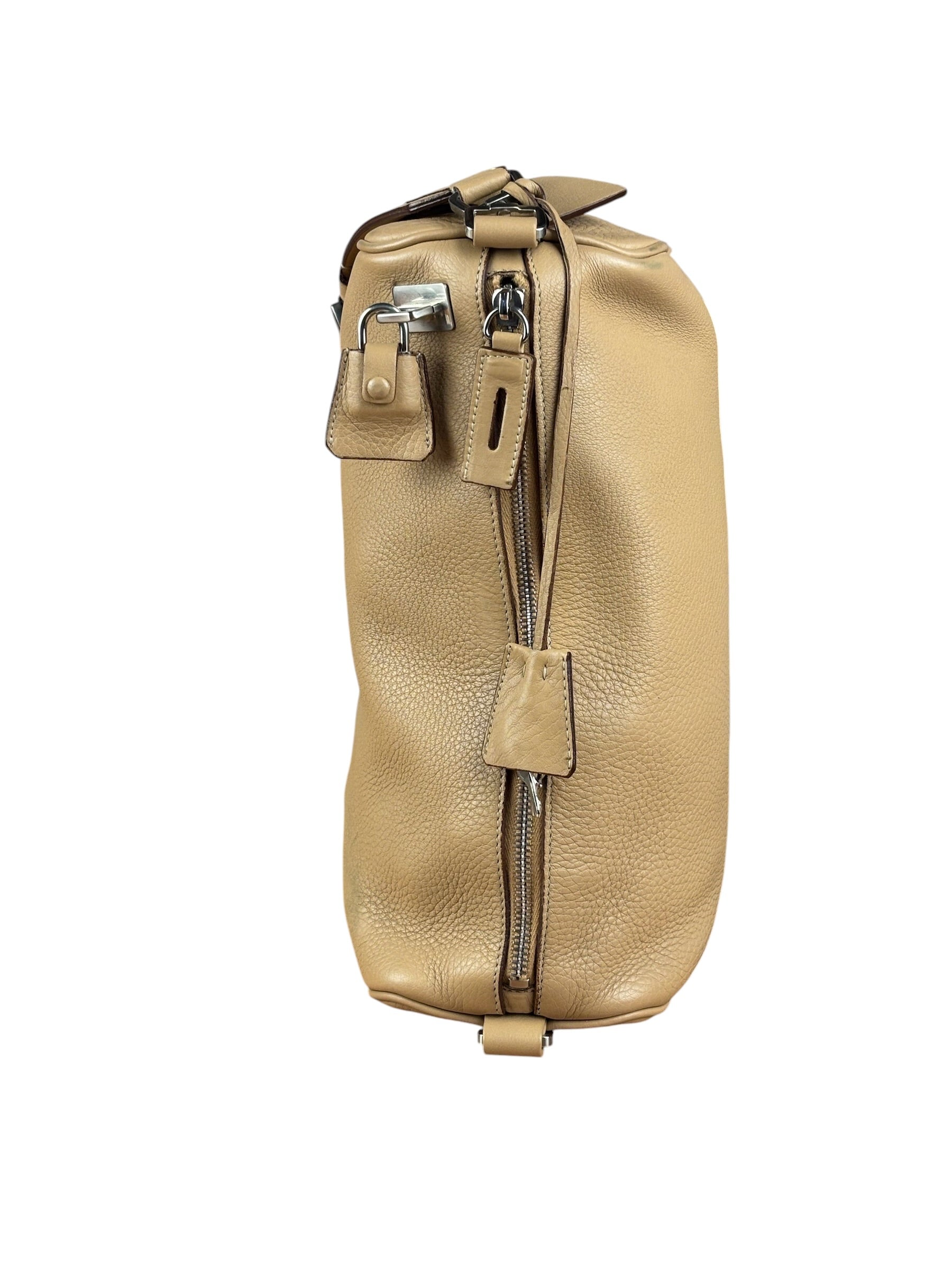 Prada Beige Leather Vitello Daino Buckle Shoulder Bag