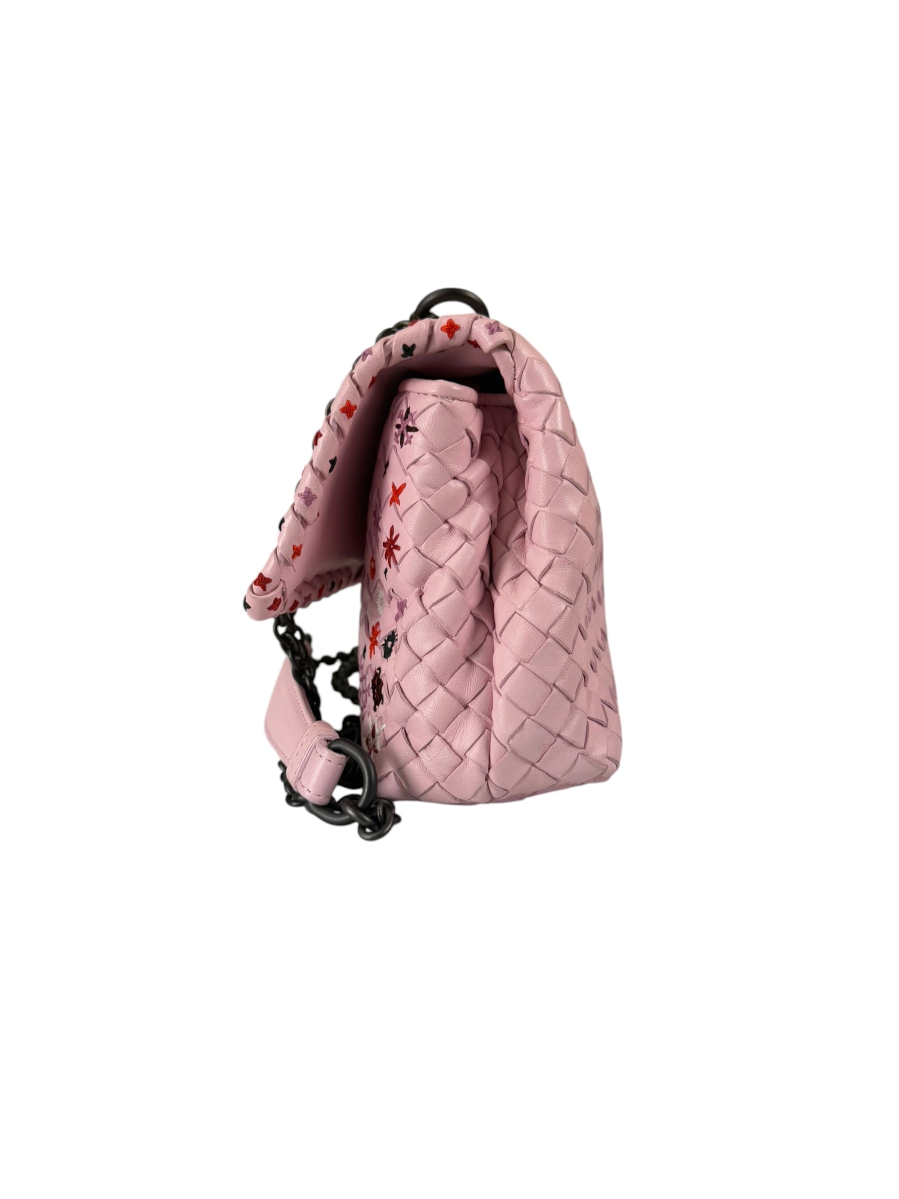 Bottega Veneta Baby Pink Leather Intrecciato Embroidered Flap Bag
