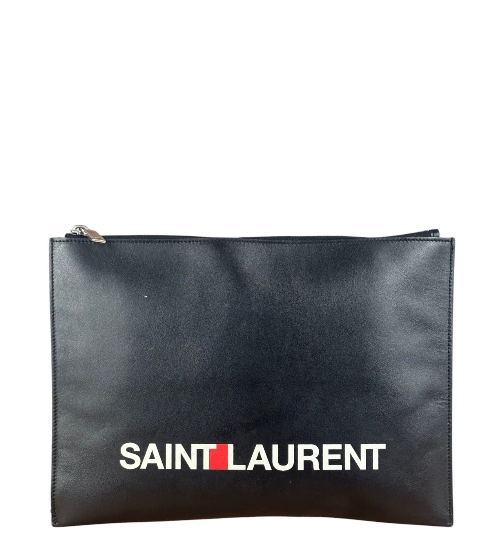 Yves Saint Laurent Black Leather Logo Zipped Tablet Pouch Clutch