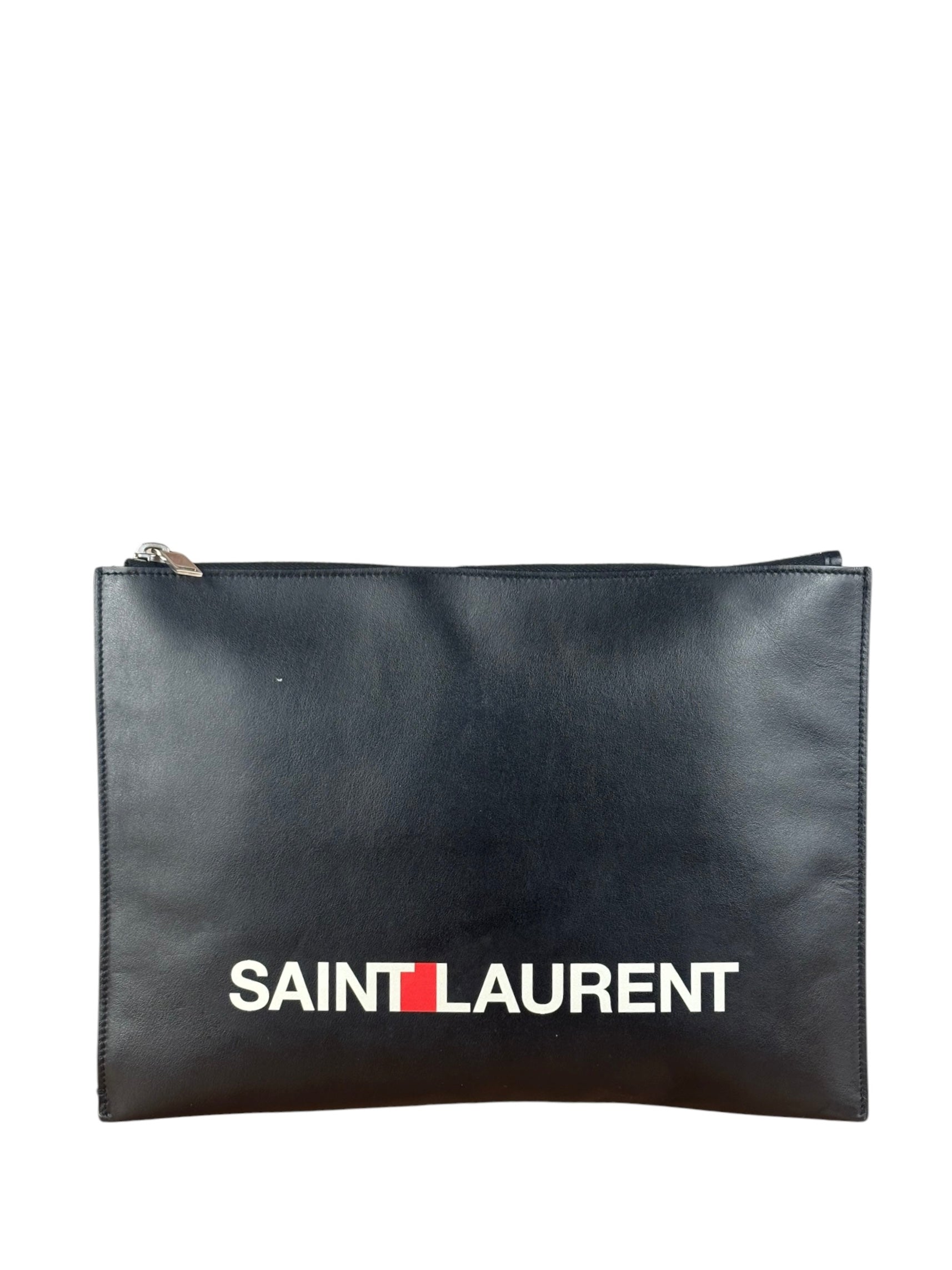 Yves Saint Laurent Black Leather Logo Zipped Tablet Pouch Clutch