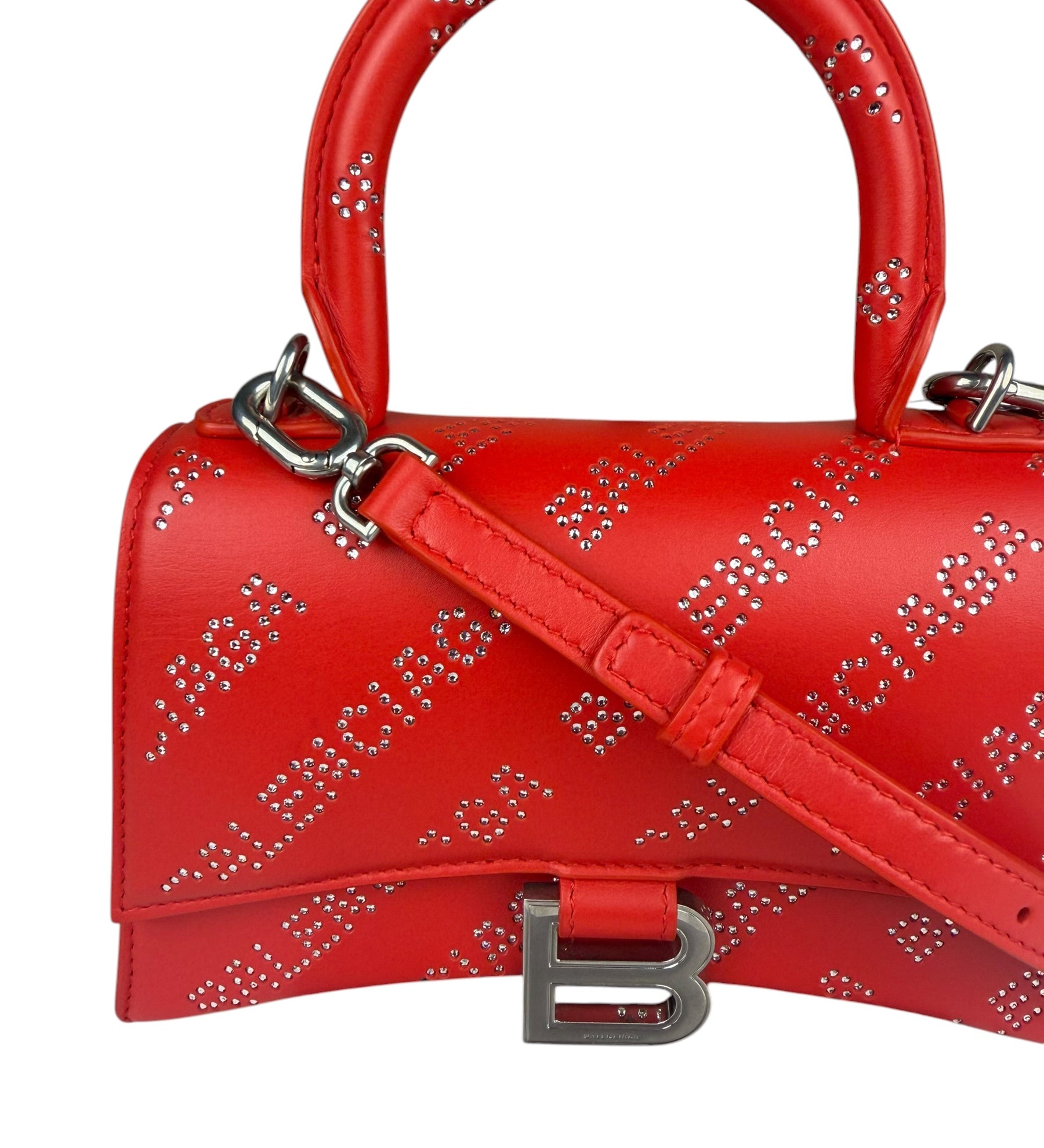 Balenciaga Red Leather Hourglass XS Rhinestones Two-Way Bag