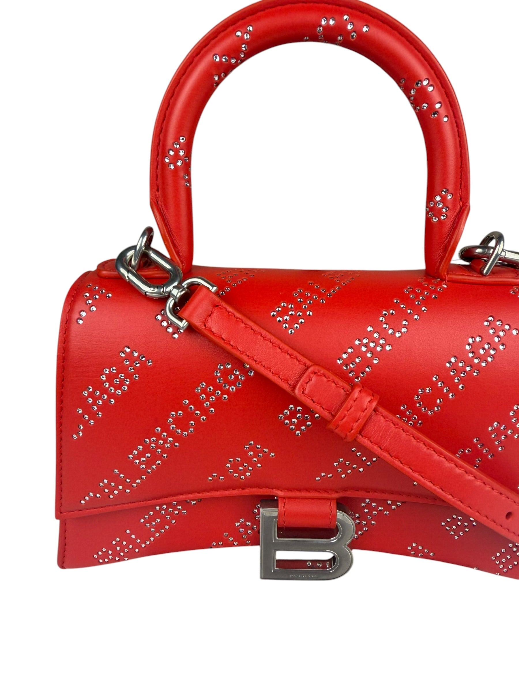 Balenciaga Red Leather Hourglass XS Rhinestones Two-Way Bag