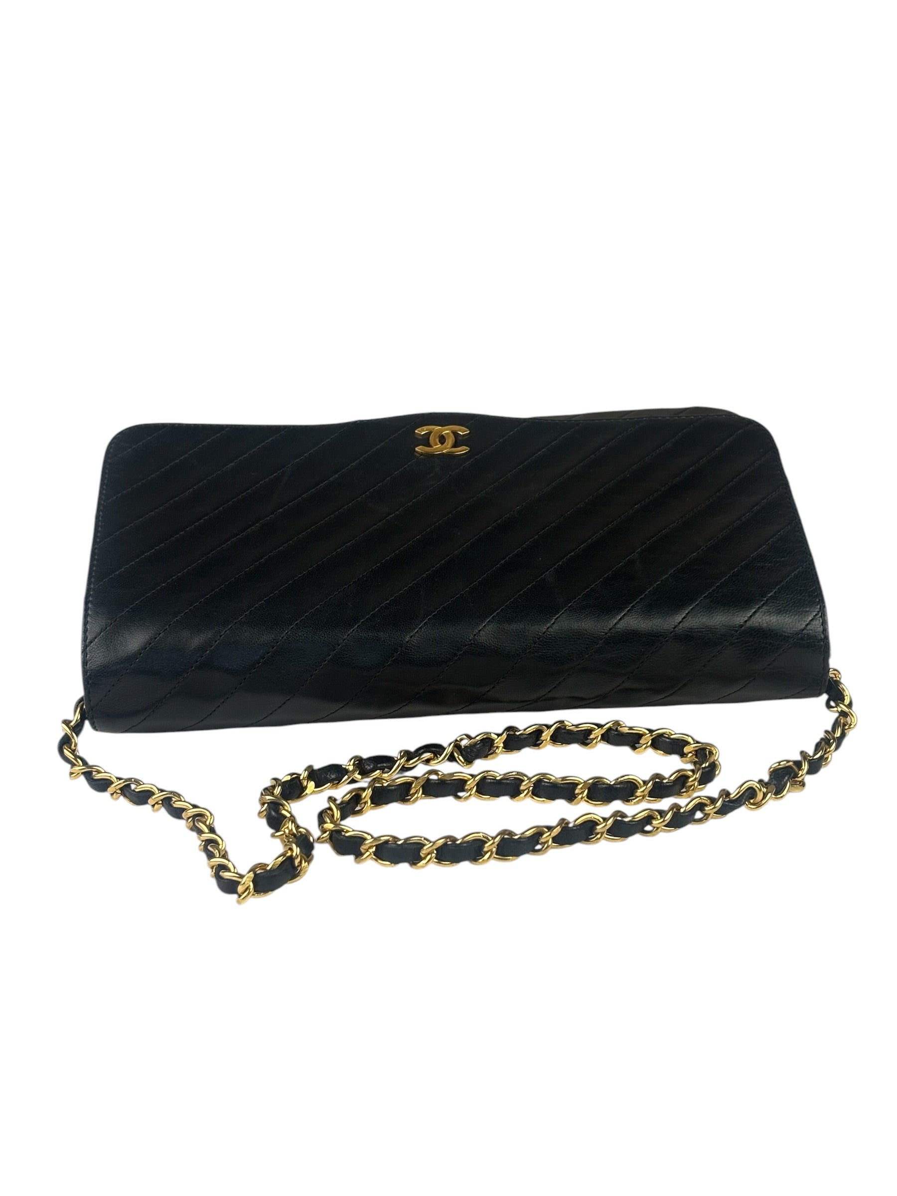 Chanel Vintage Black Leather Timeless Diagonal Stitch Flap Bag 1986
