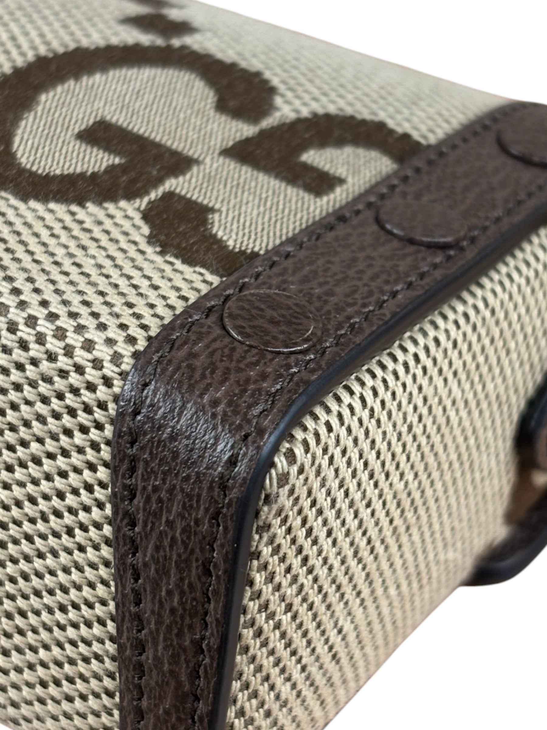 Gucci Brown Leather Trim Monogram Jumbo GG Mini Shoulder Bag