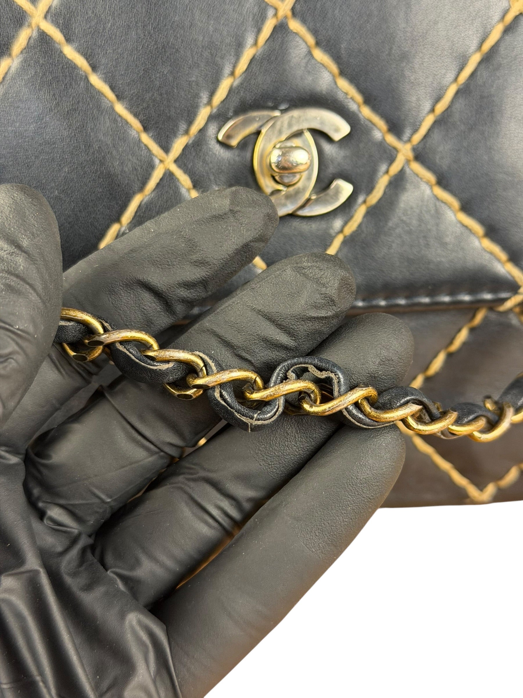 Chanel Vintage Navy Blue Leather Wild Stitch Surpique Flap Bag 2001