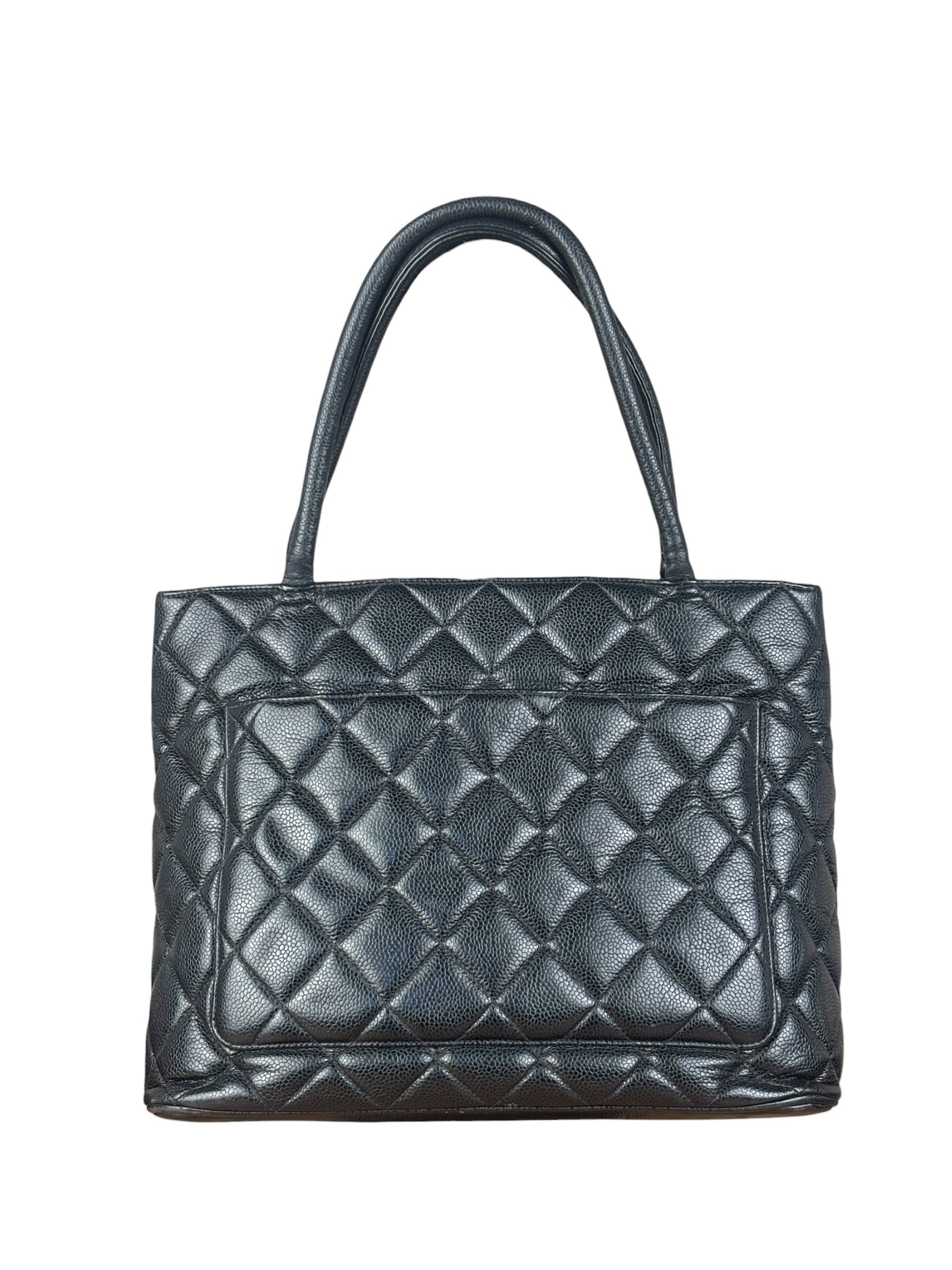 Chanel Vintage CC Black Quilted Caviar Leather Medallion Tote Bag 2002