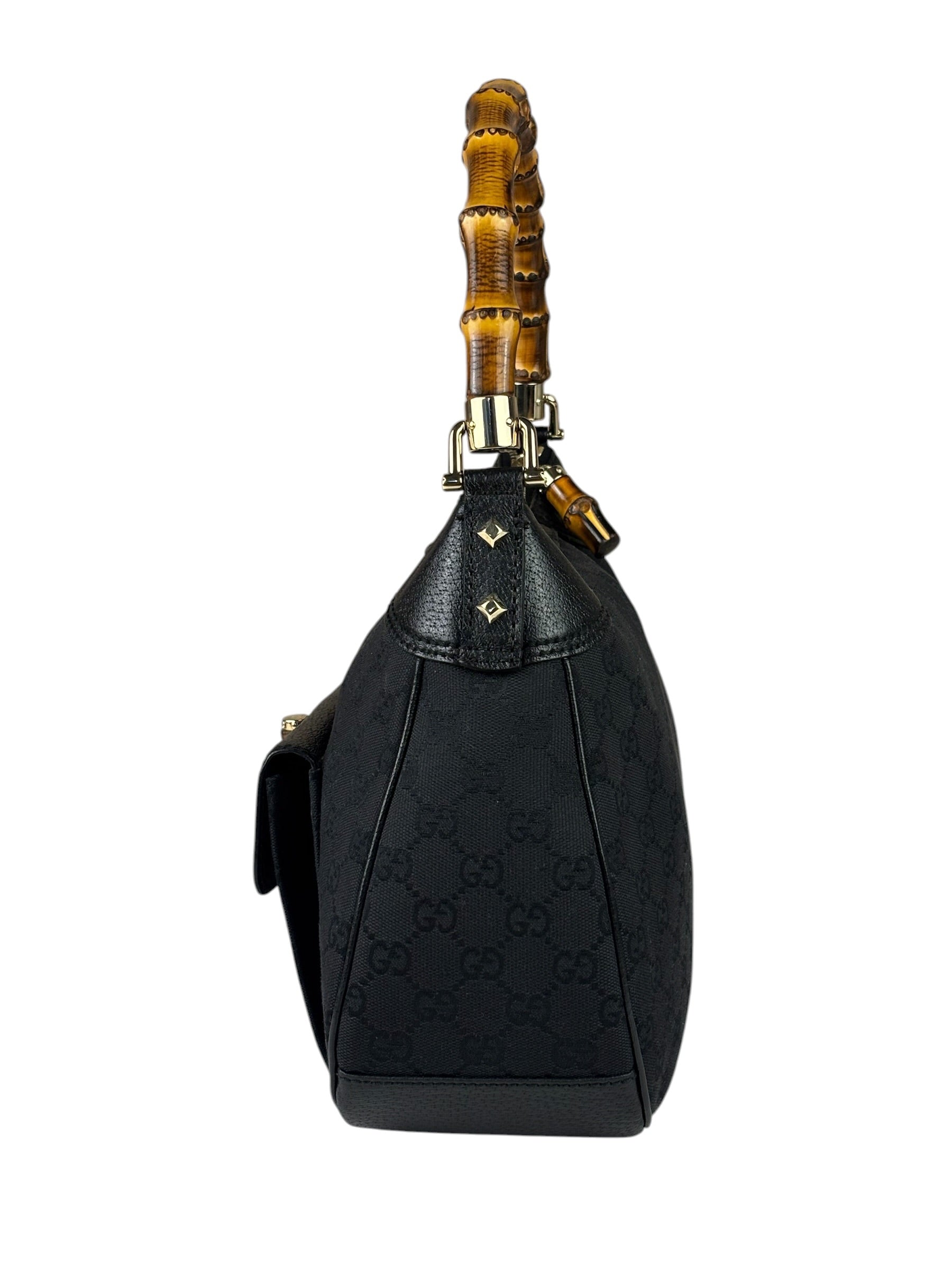 Gucci Black Leather Trim Bamboo Handle Hobo Bag
