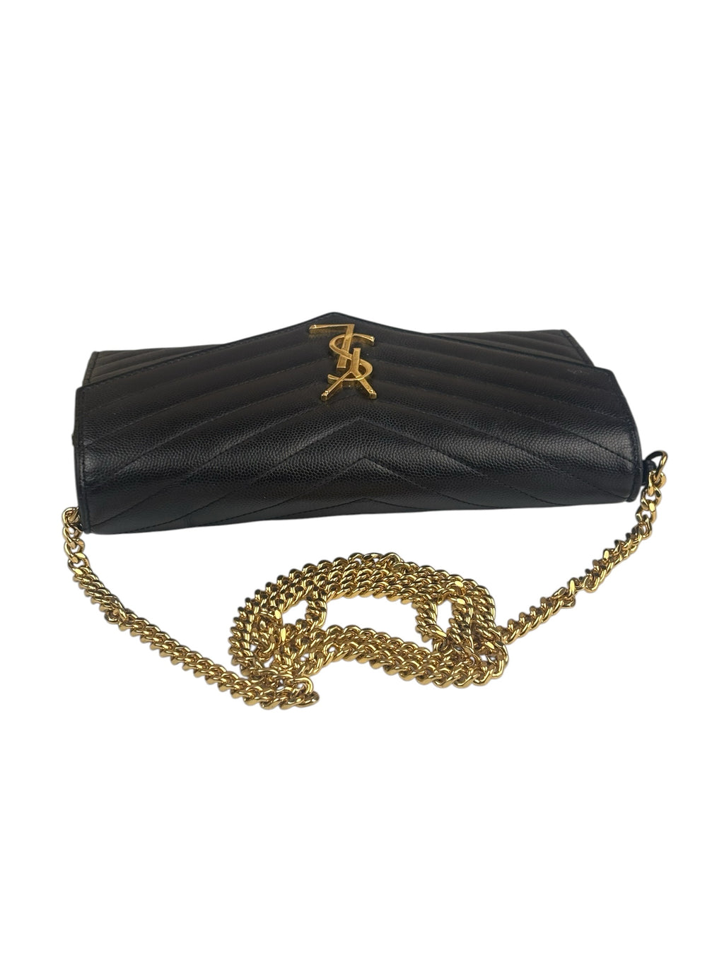 YSL Black Pebbled Matelassè Envelope Chain Wallet On Chain