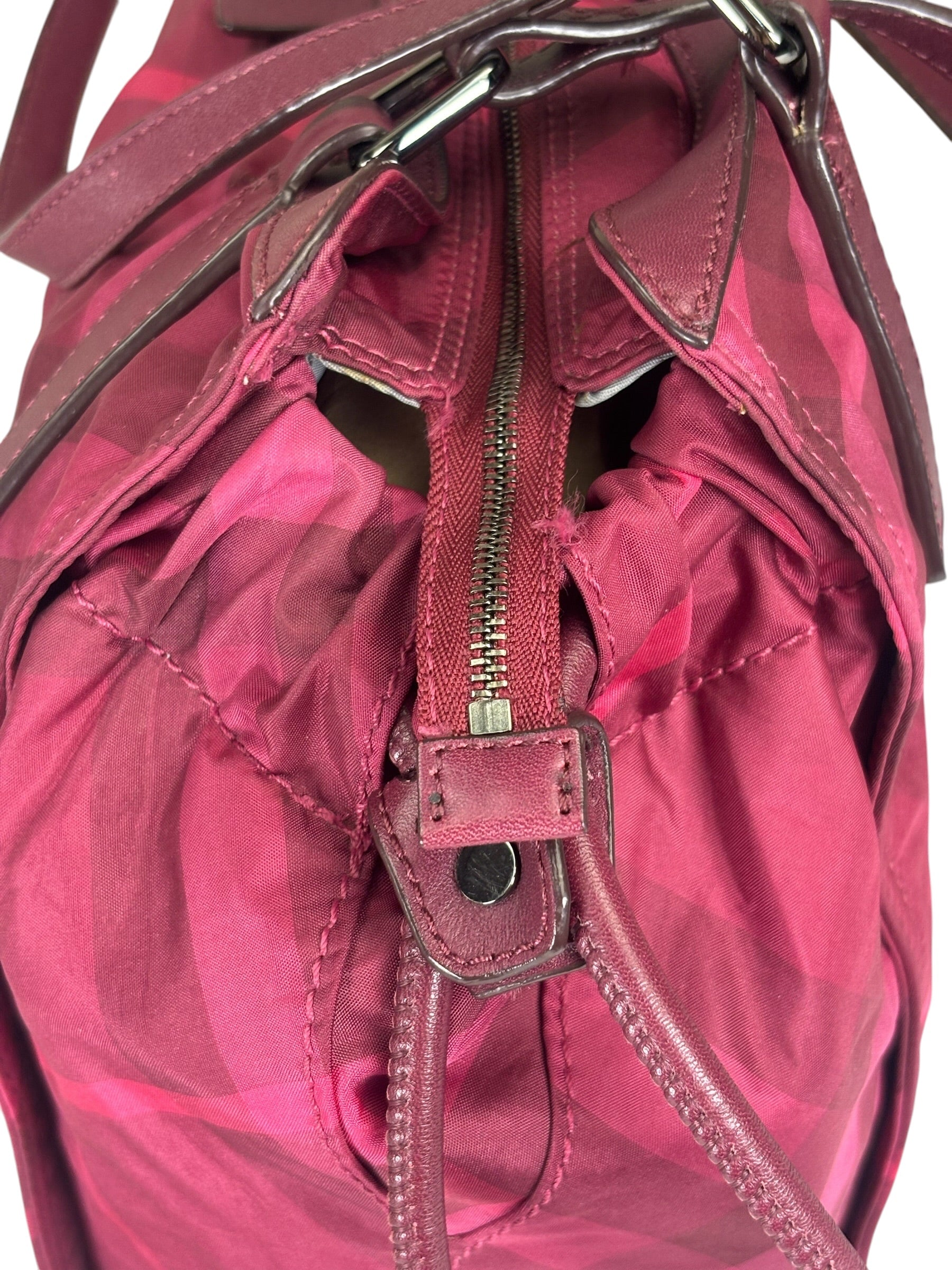 Burberry Plum Nylon/Leather Trim Nova Check Buckleigh Packable Tote