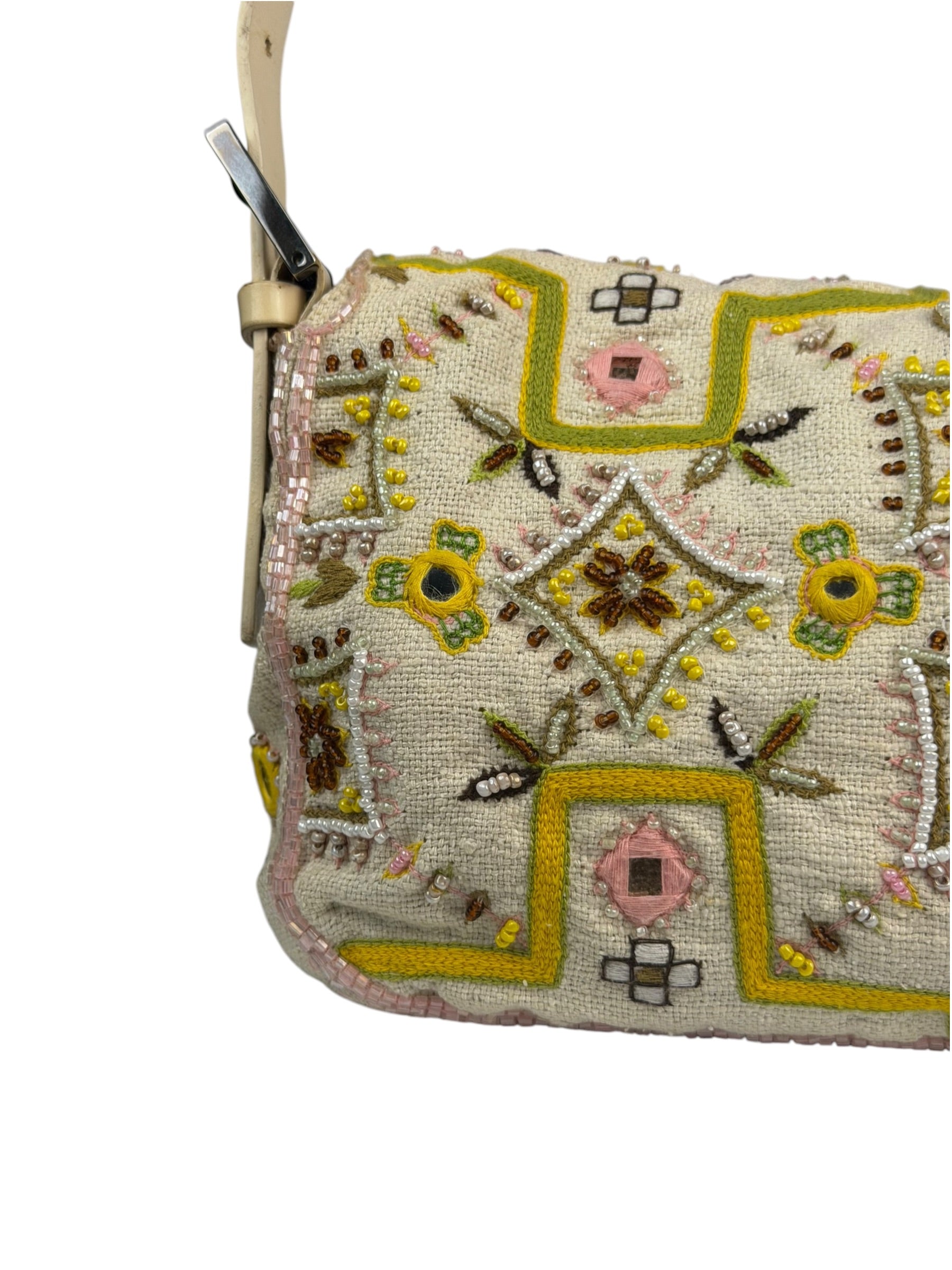 Fendi Cream Leather Trim Beaded Baguette