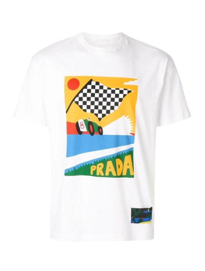 Prada White Graphic Race Car Print T Shirt