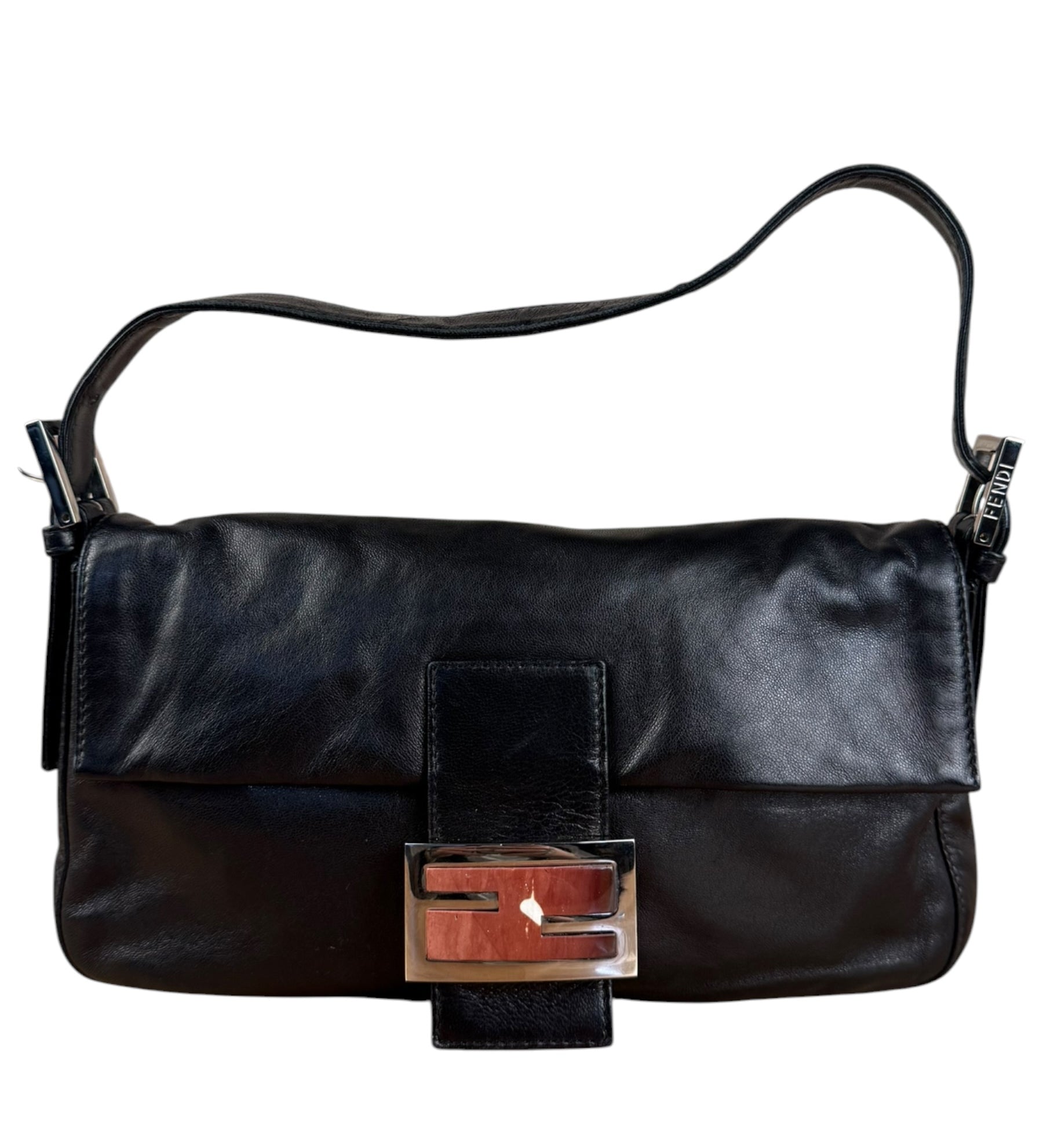 Fendi Vintage Black Leather Marble Buckle Baguette