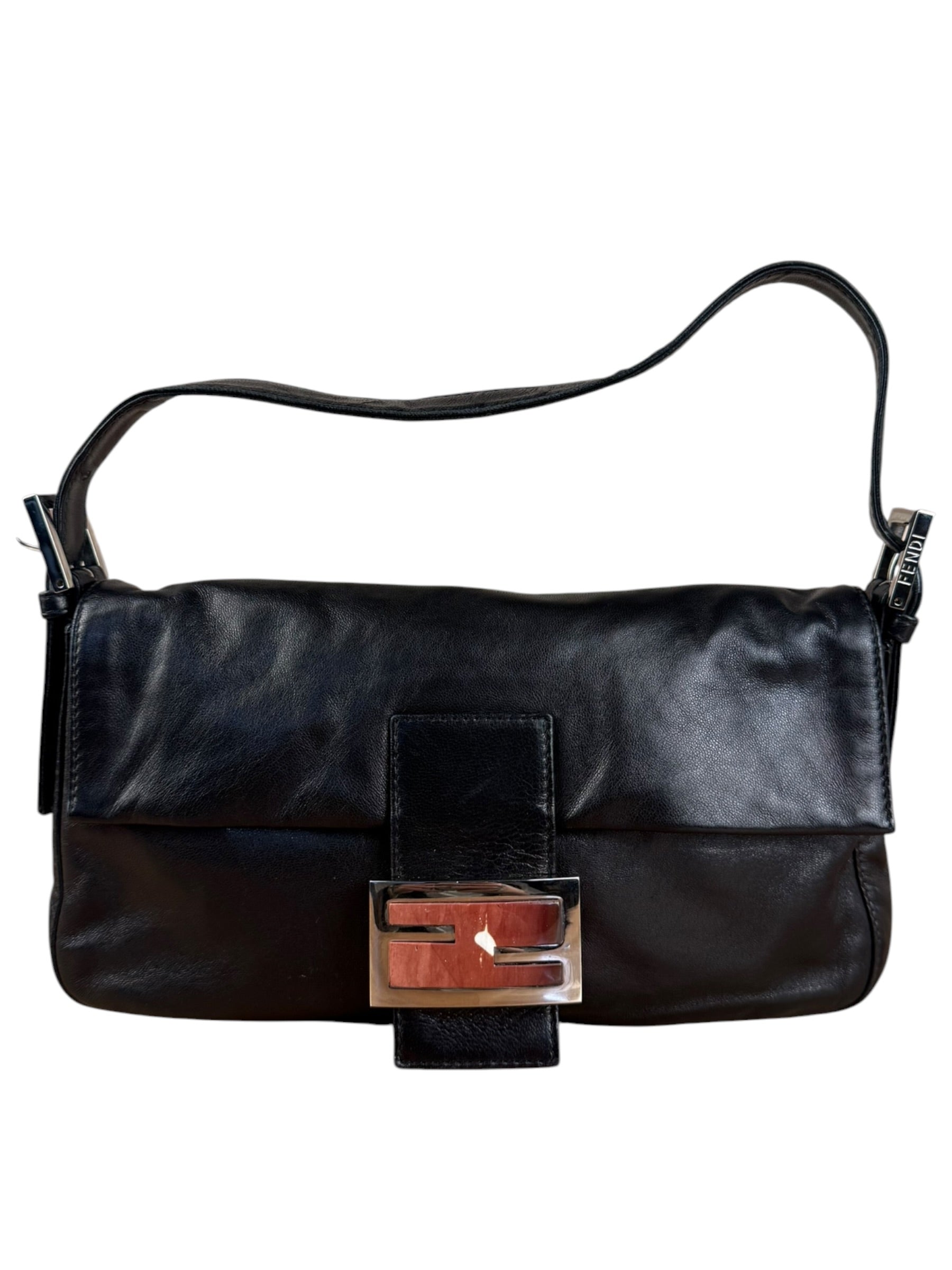 Fendi Vintage Black Leather Marble Buckle Baguette