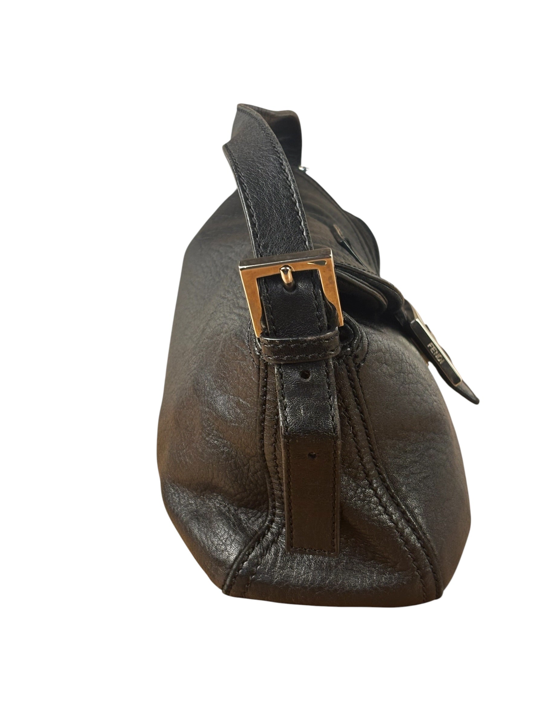Fendi Vintage Black Leather Double Flap Baguette