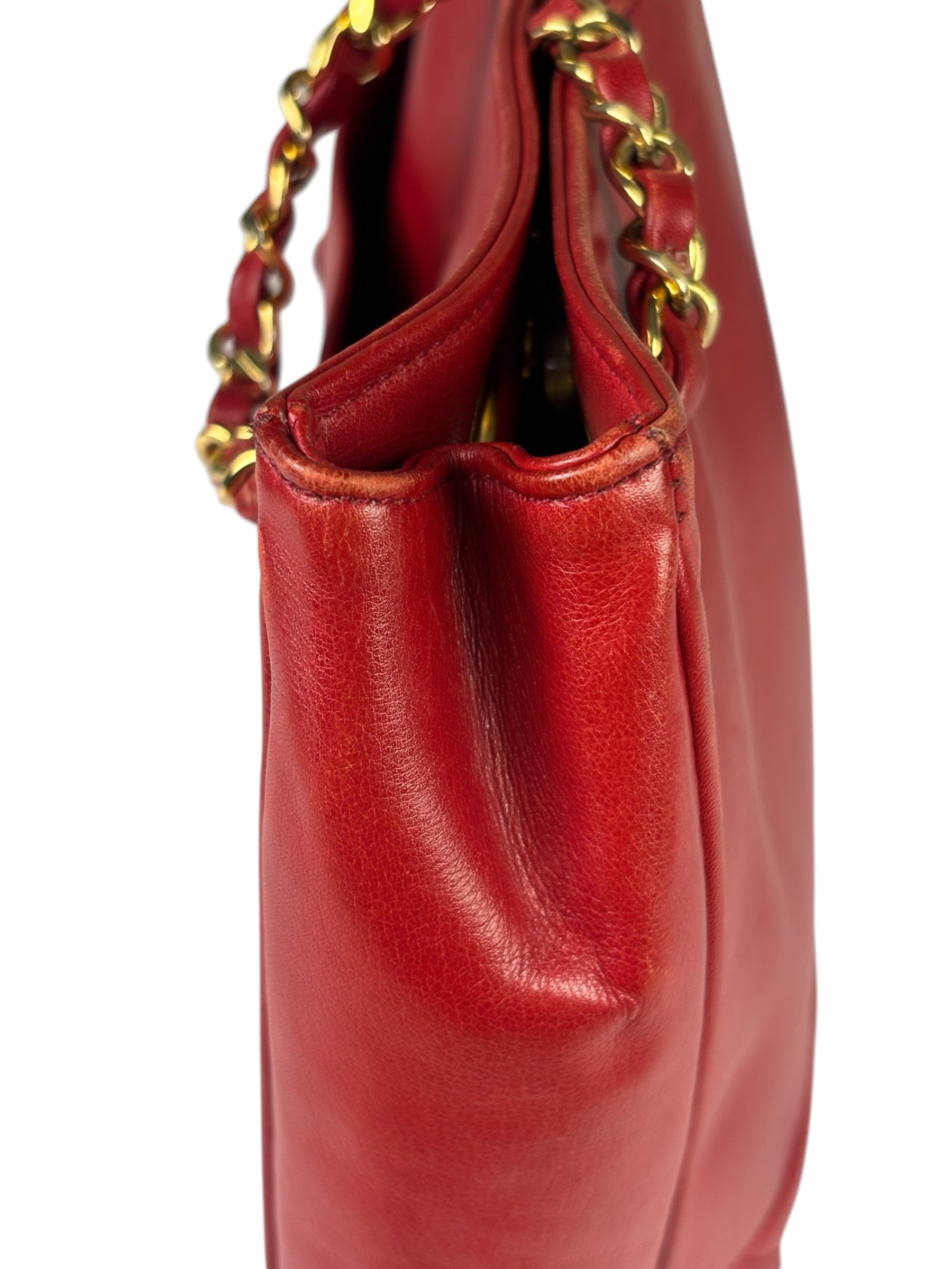 Chanel Red Quilted Lambskin Chain Tote Bag 1990
