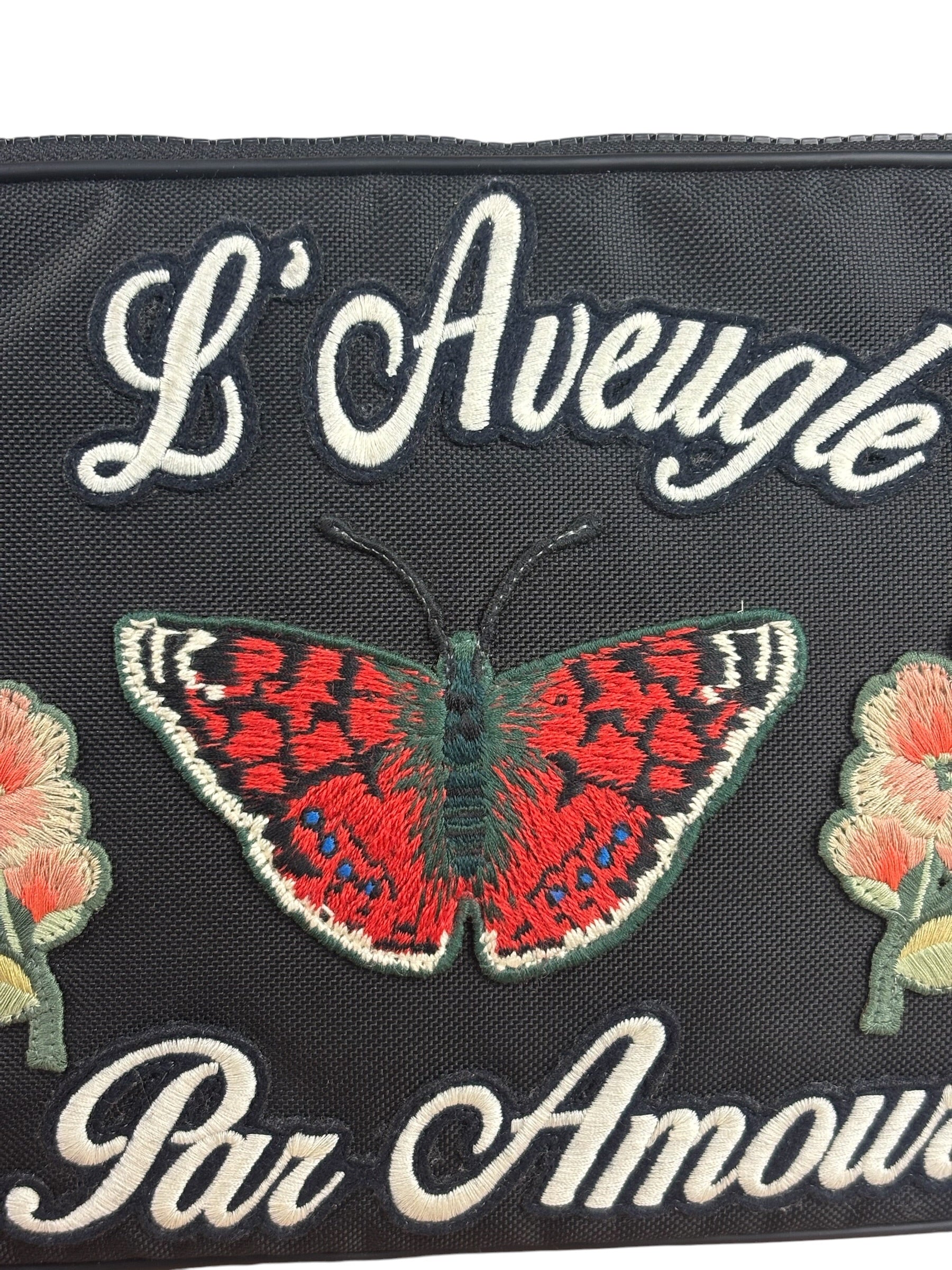 Gucci Black Nylon Butterfly Embroidered Zip Pouch