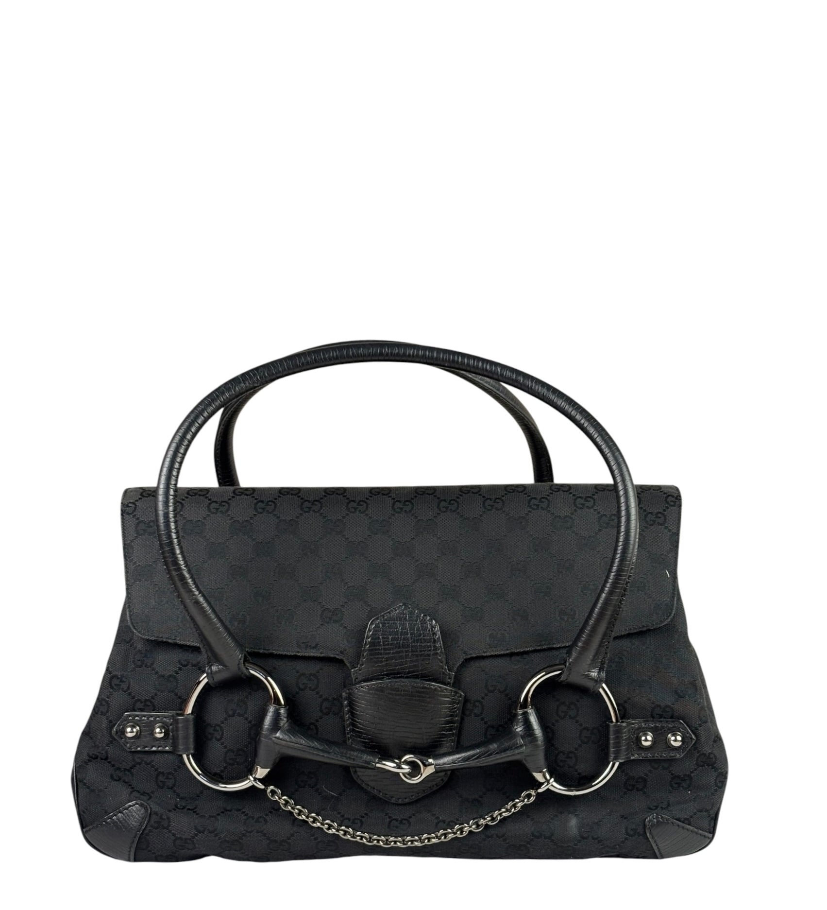 Gucci Black Leather Trim GG Horsebit Shoulder Bag