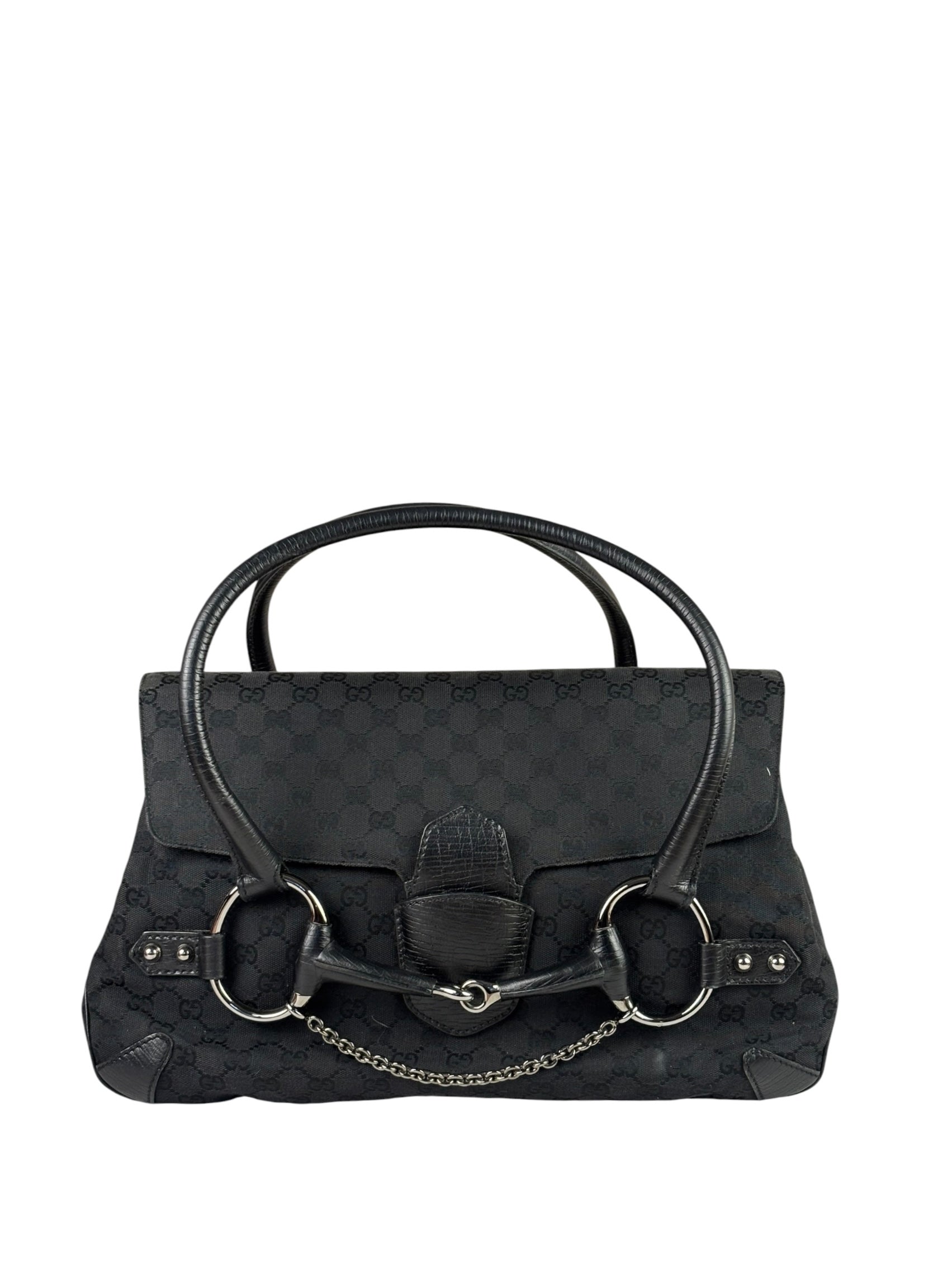 Gucci Black Leather Trim GG Horsebit Shoulder Bag