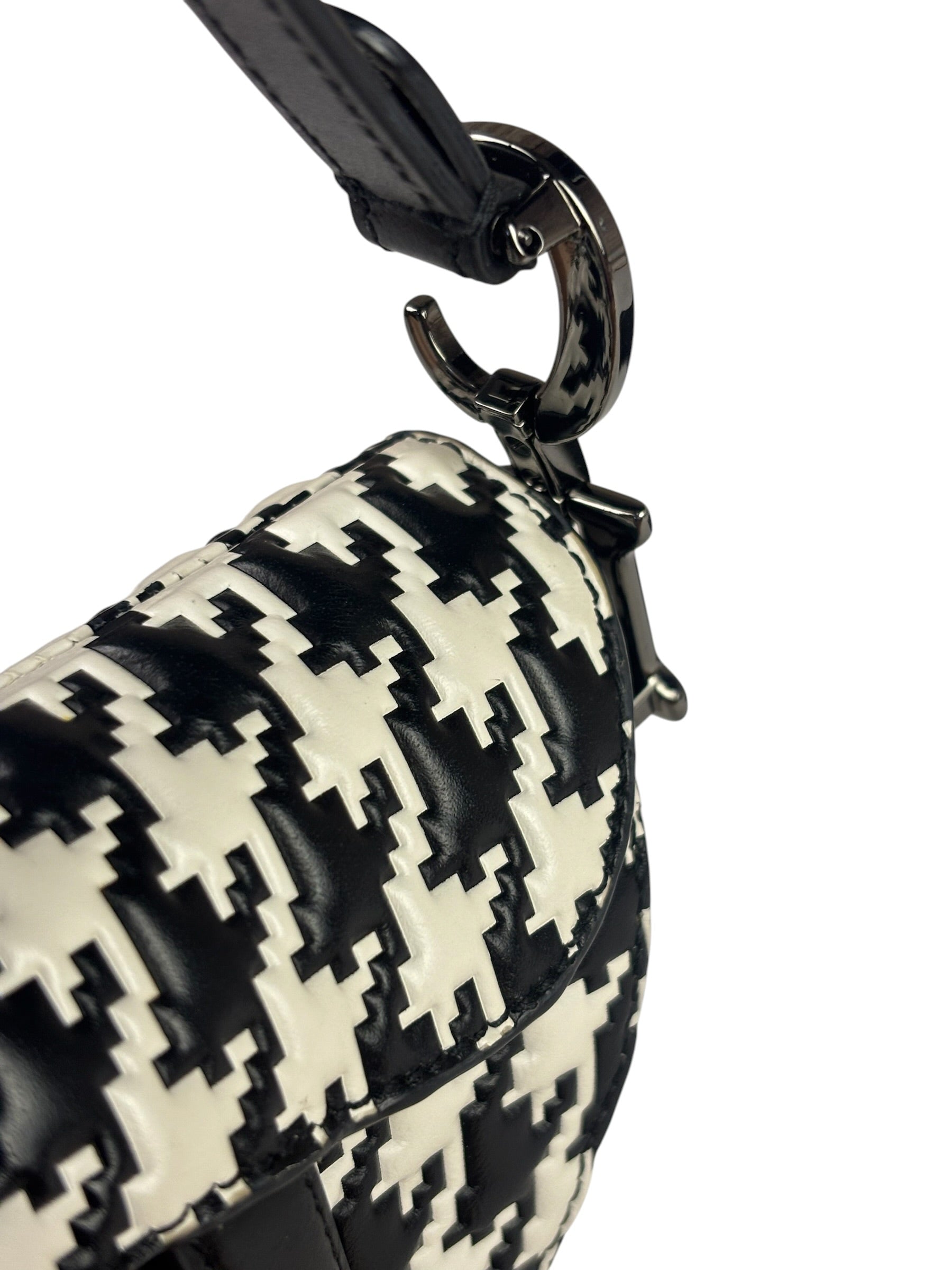 Christian Dior White/Black Leather Houndstooth Micro Saddle Bag