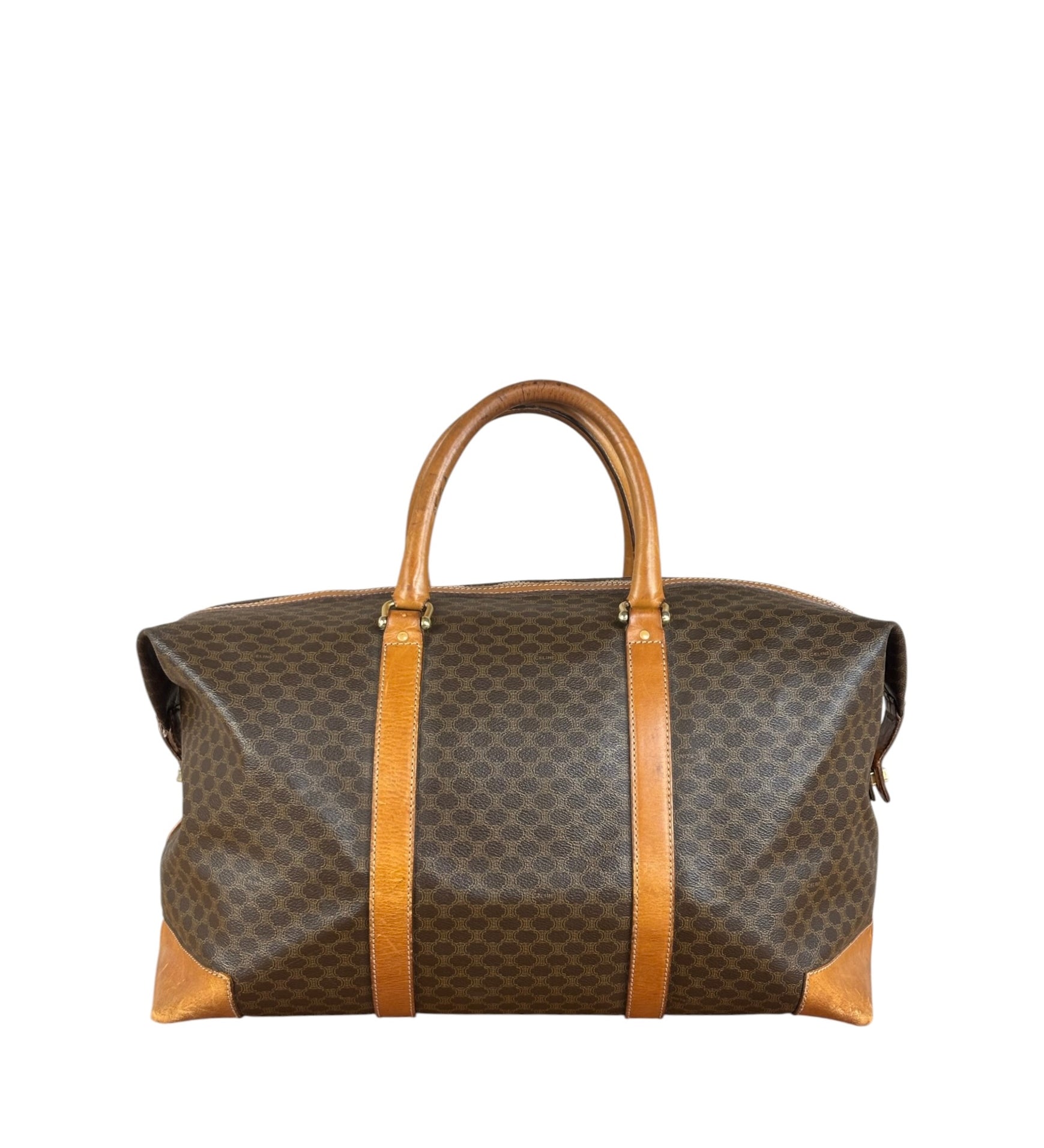 Celine Brown Leather Canvas Macadam Travel Handbag