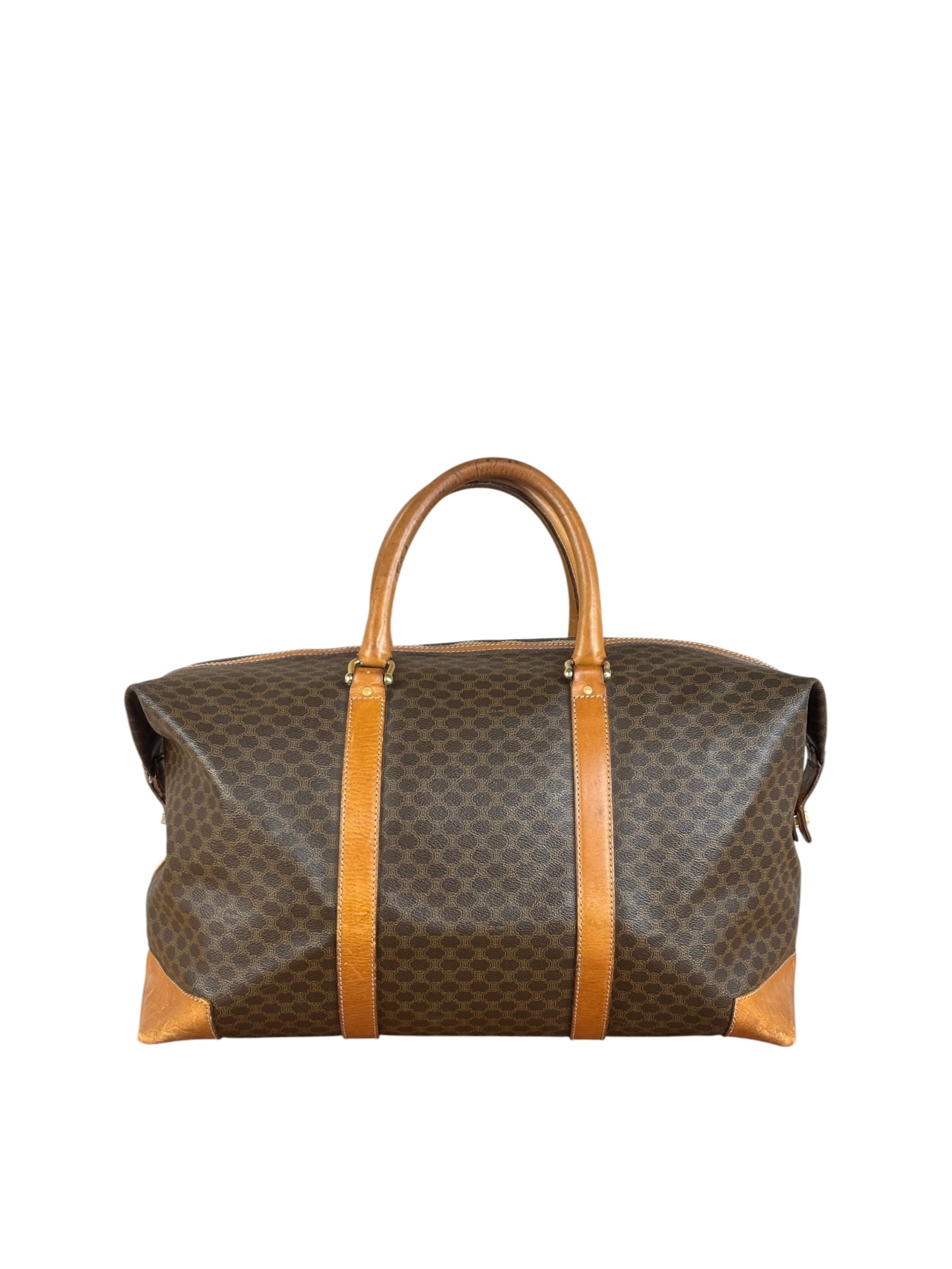 Celine Brown Leather Canvas Macadam Travel Handbag