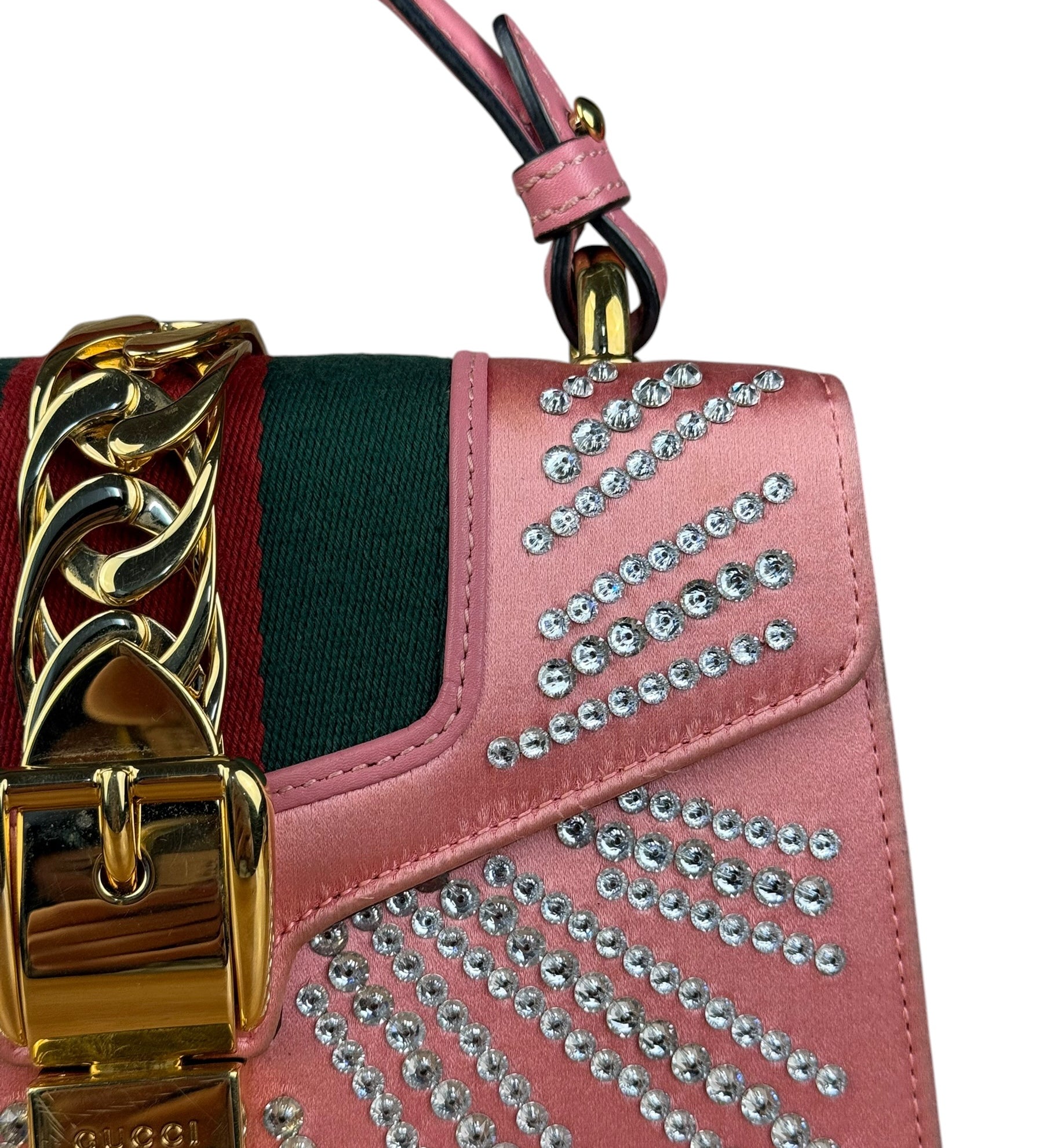 Gucci Sylvie Pink Mini Satin Embellished 2Way Handbag