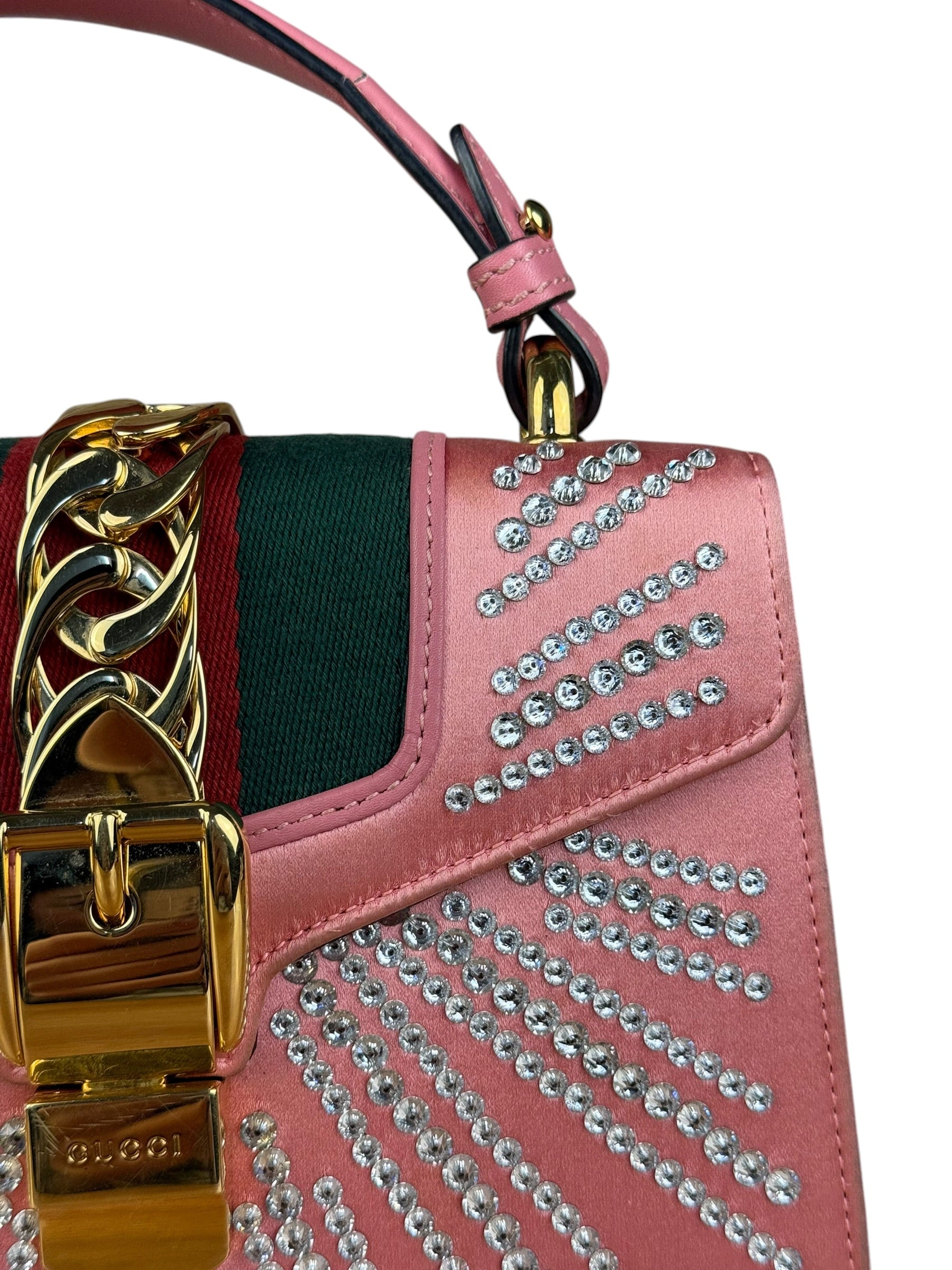 Gucci Sylvie Pink Mini Satin Embellished 2Way Handbag