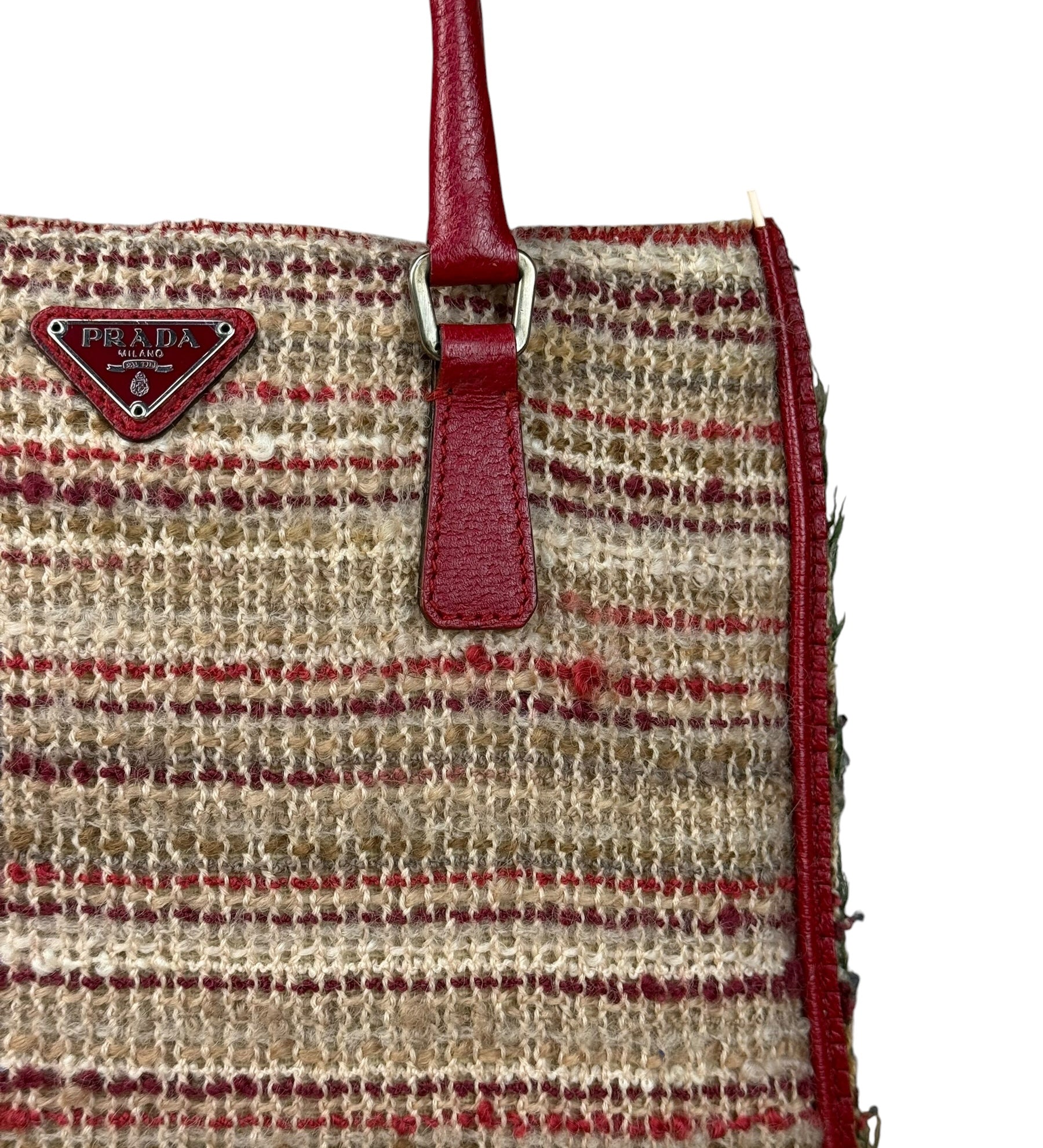 Prada Vintage Red Woven Tweed Zip Tote